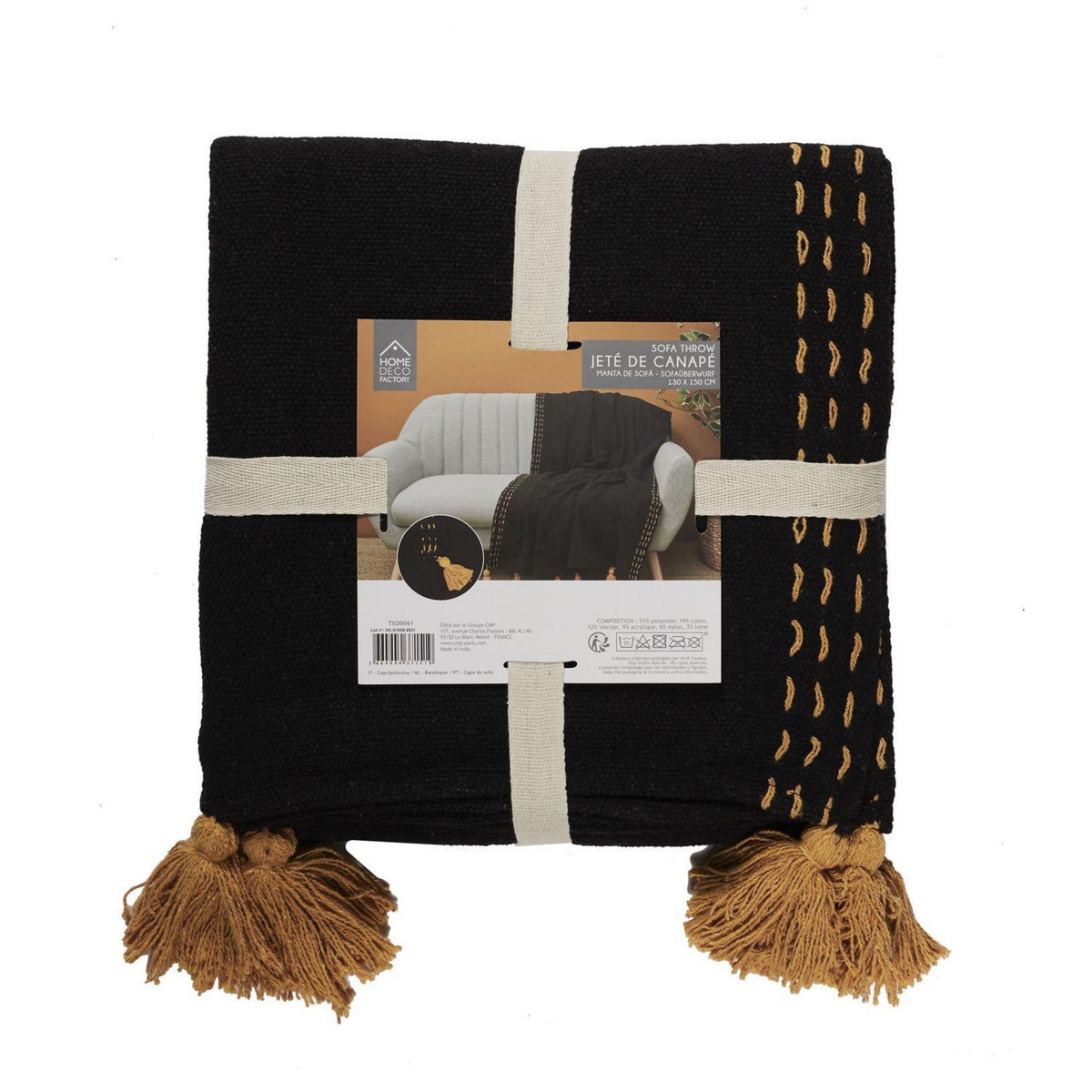 TOILINUX Jeté de canapé surpiqué avec pompons - 130 x 170 cm - Noir et ambre
