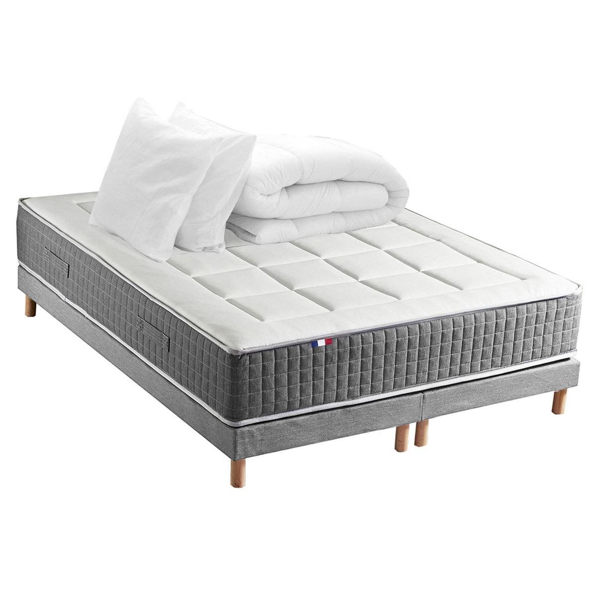 IDLITERIE Ensemble Matelas Ressort 7 zones H.28cm + Sommier + couette + oreillers Fabriqué en France MAX