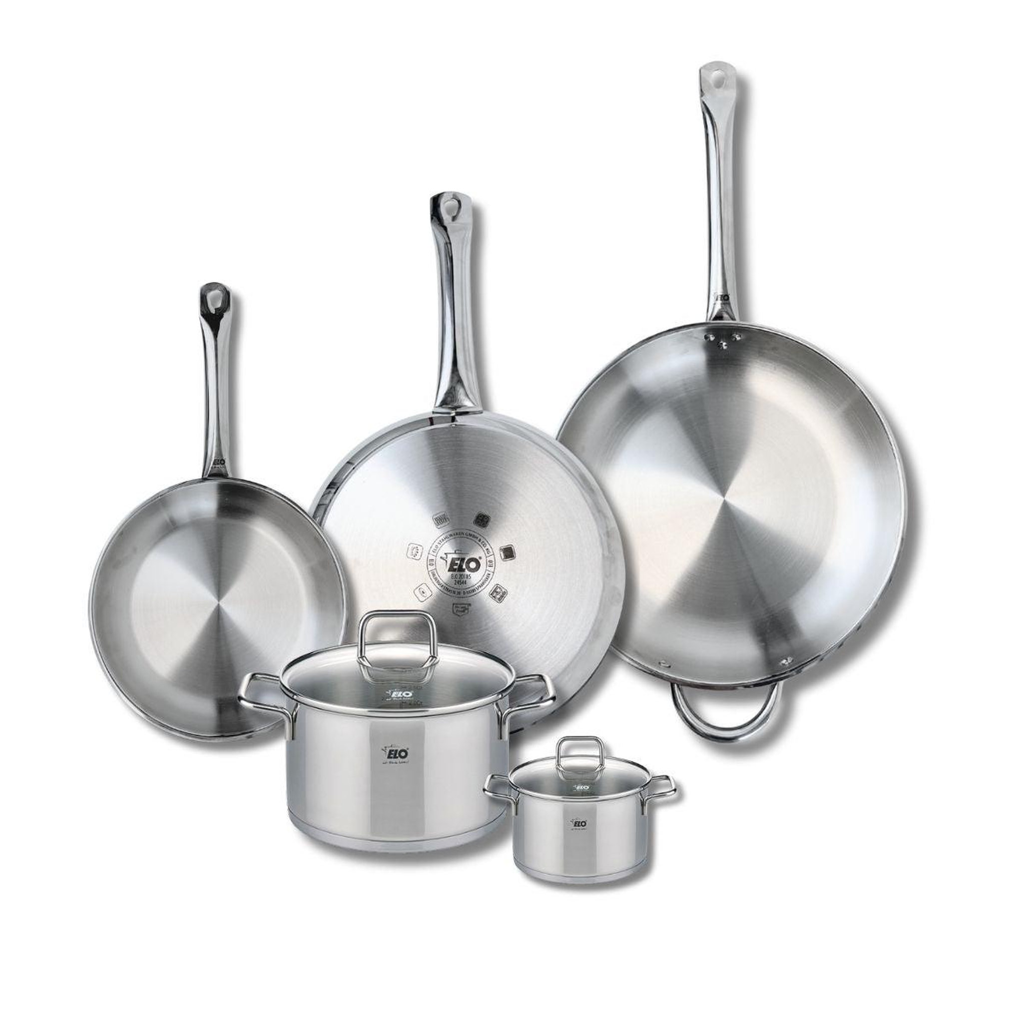 ELO Ensemble de 3 poêles de cuisson 24, 28 et 32 cm et 2 faitouts 12 et 20 cm elo profi citrin