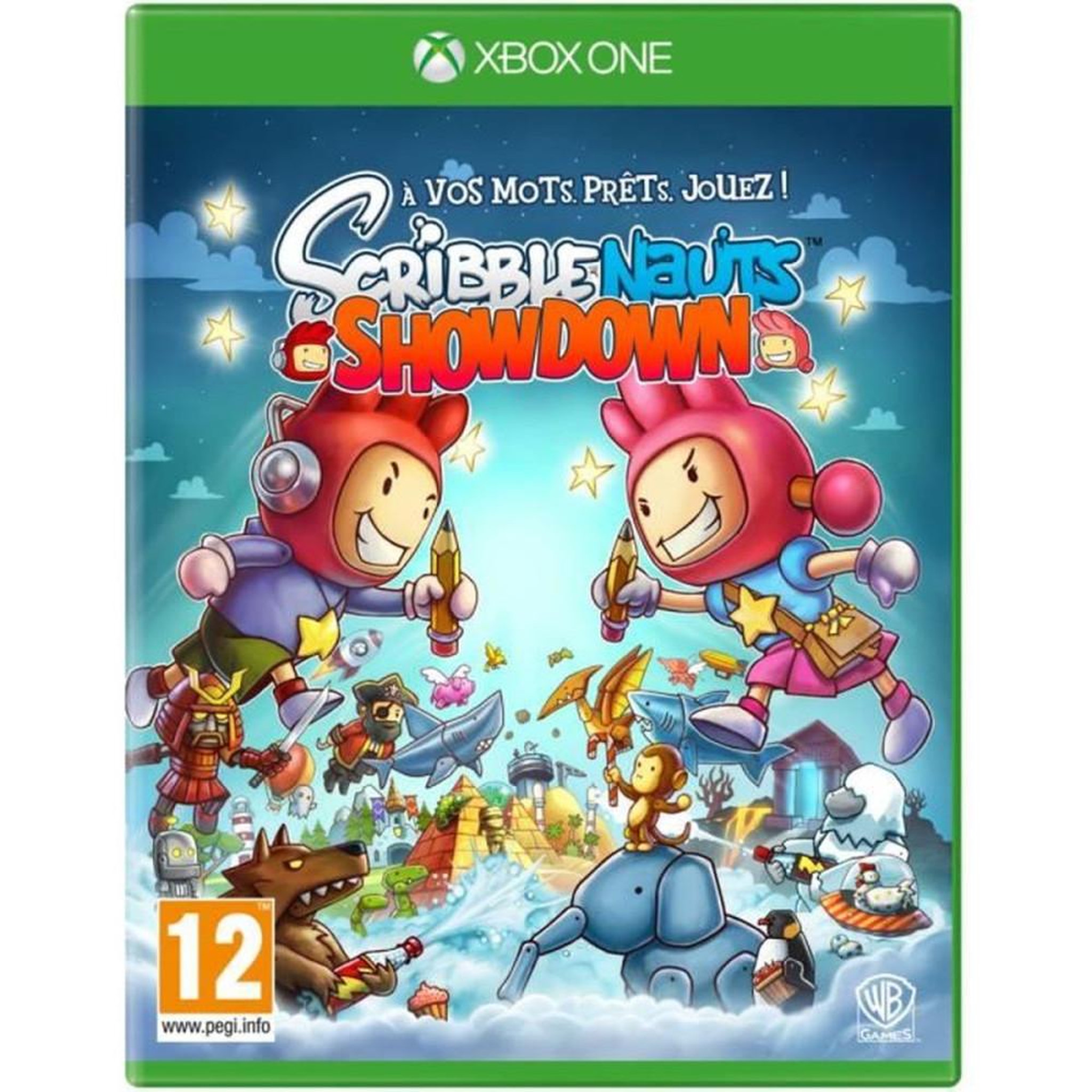 Warner Bros Jeu Xbox One Scribblenauts Showdown en français, puzzle, mode Plateau de jeu et multijoueur jusqu'à 4 joueurs, mode en ligne, PEGI 12+