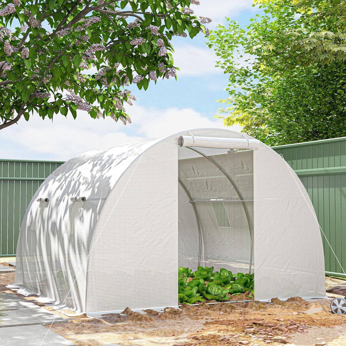 OUTSUNNY Serre de jardin tunnel 4 fenêtres acier galvanisé bâche PE blanc