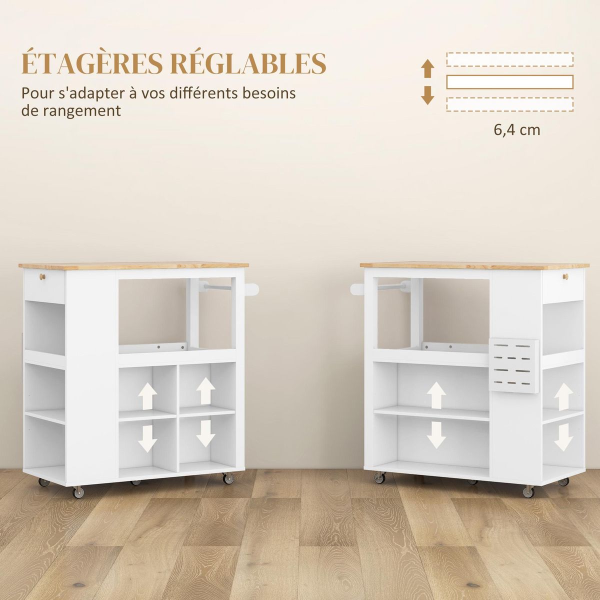 HOMCOM Desserte de cuisine style cosy chic multi-rangement blanc bois hévéa