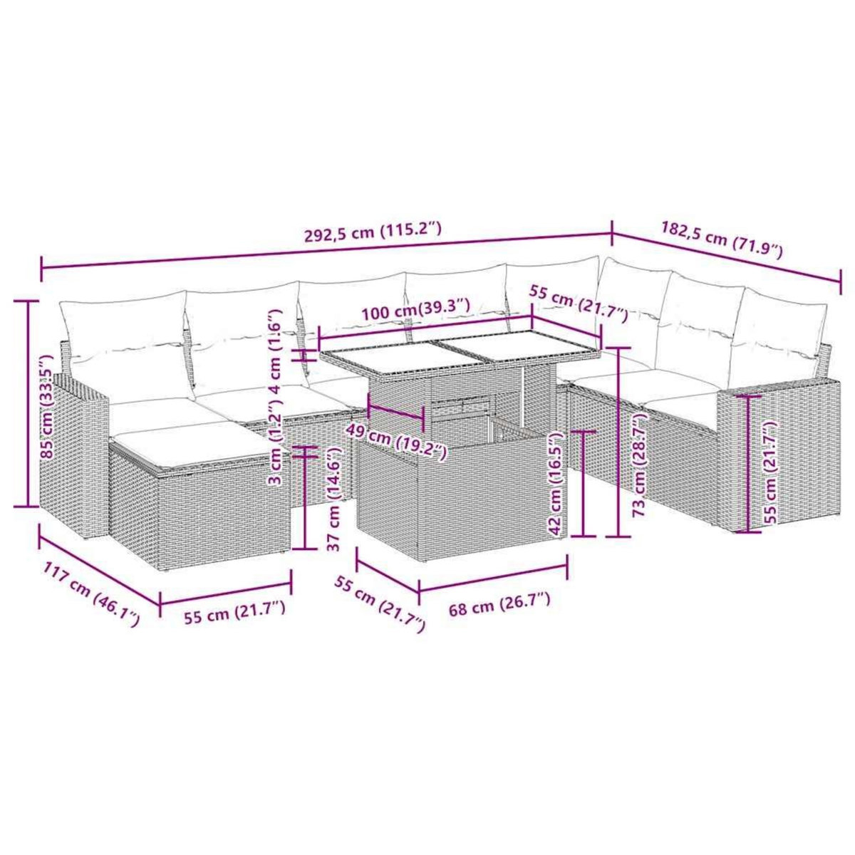 VIDAXL Salon de jardin 9 pcs avec coussins gris resine tressee