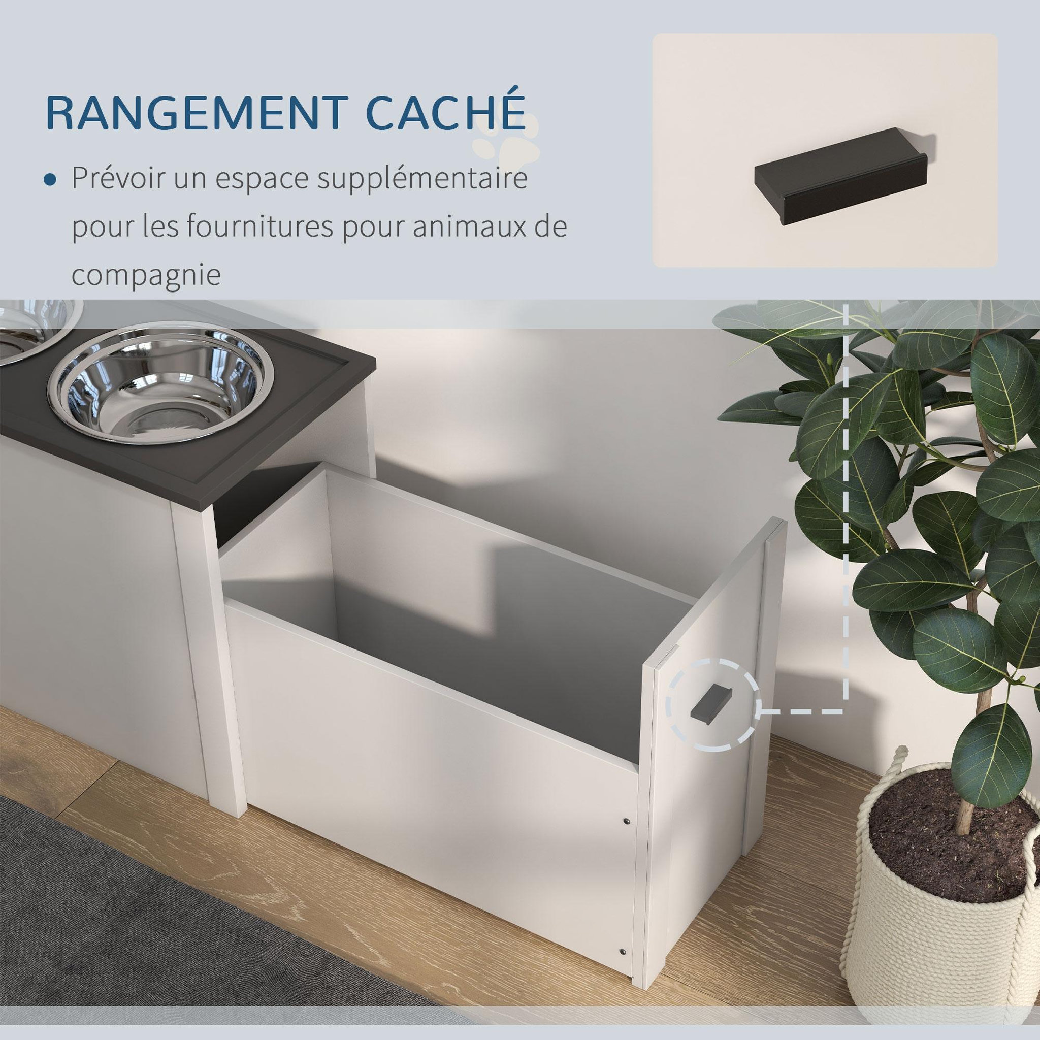 Voir la diapositive 5 : PAWHUT Gamelle double chien - porte-gamelles surélevé rangement 2 en 1 - tiroir, 2 gamelles - acier inox. MDF gris blanc