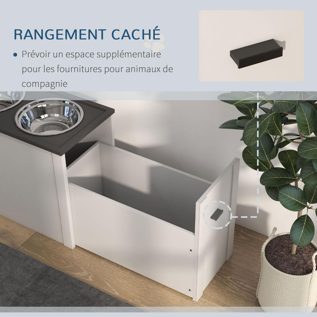 PAWHUT Gamelle double chien - porte-gamelles surélevé rangement 2 en 1 - tiroir, 2 gamelles - acier inox. MDF gris blanc
