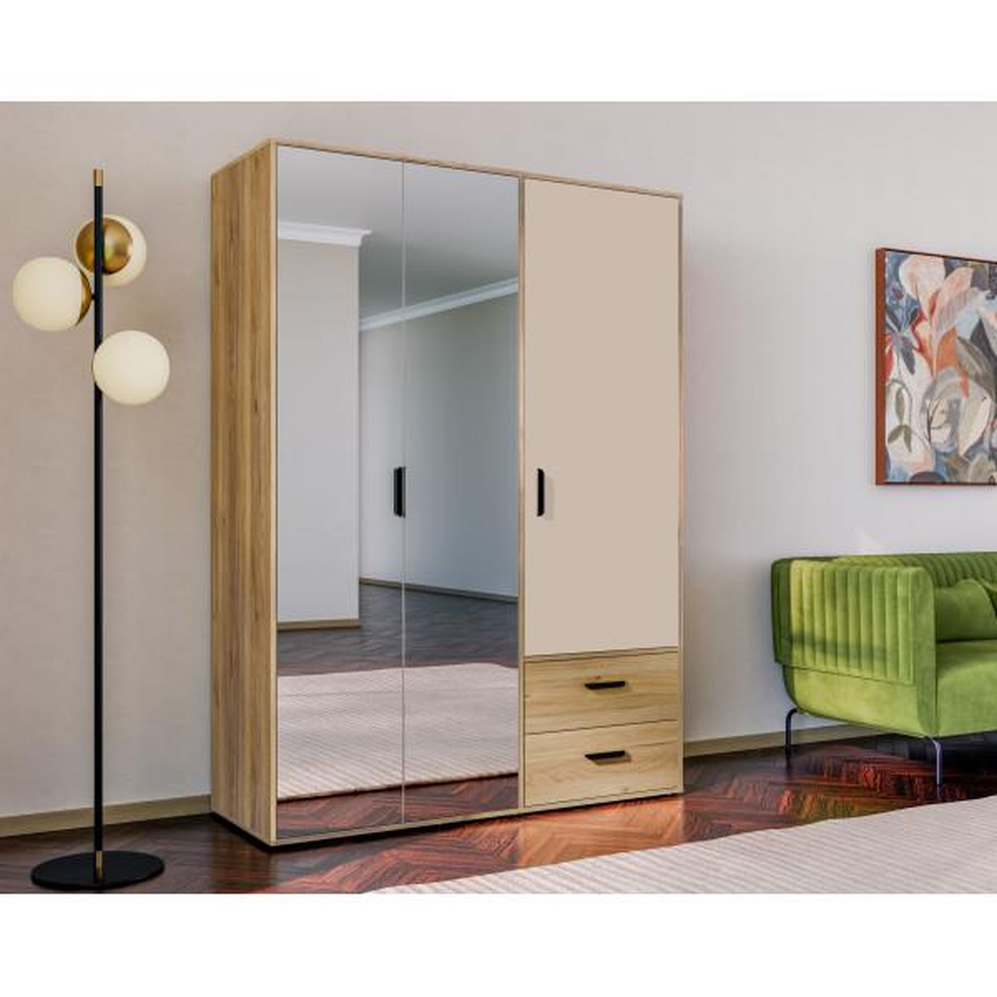 Voir la diapositive 3 : MARKET24 Armoire de chambre - MOKKARO - Décor Chene et sable - 3 portes battantes - 2 tiroirs - 2 miroirs - L144,4 x P52,7 x H200cm