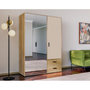 Voir la diapositive 3 : MARKET24 Armoire de chambre - MOKKARO - Décor Chene et sable - 3 portes battantes - 2 tiroirs - 2 miroirs - L144,4 x P52,7 x H200cm