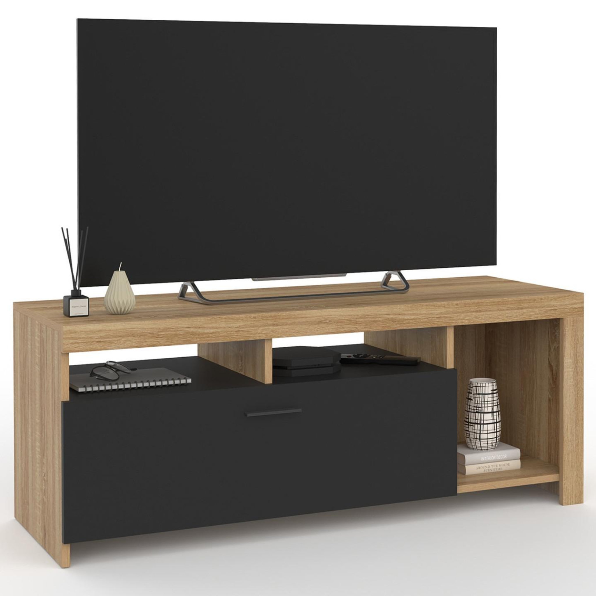 ID MARKET Meuble tv 110 cm malo bois et placard noir