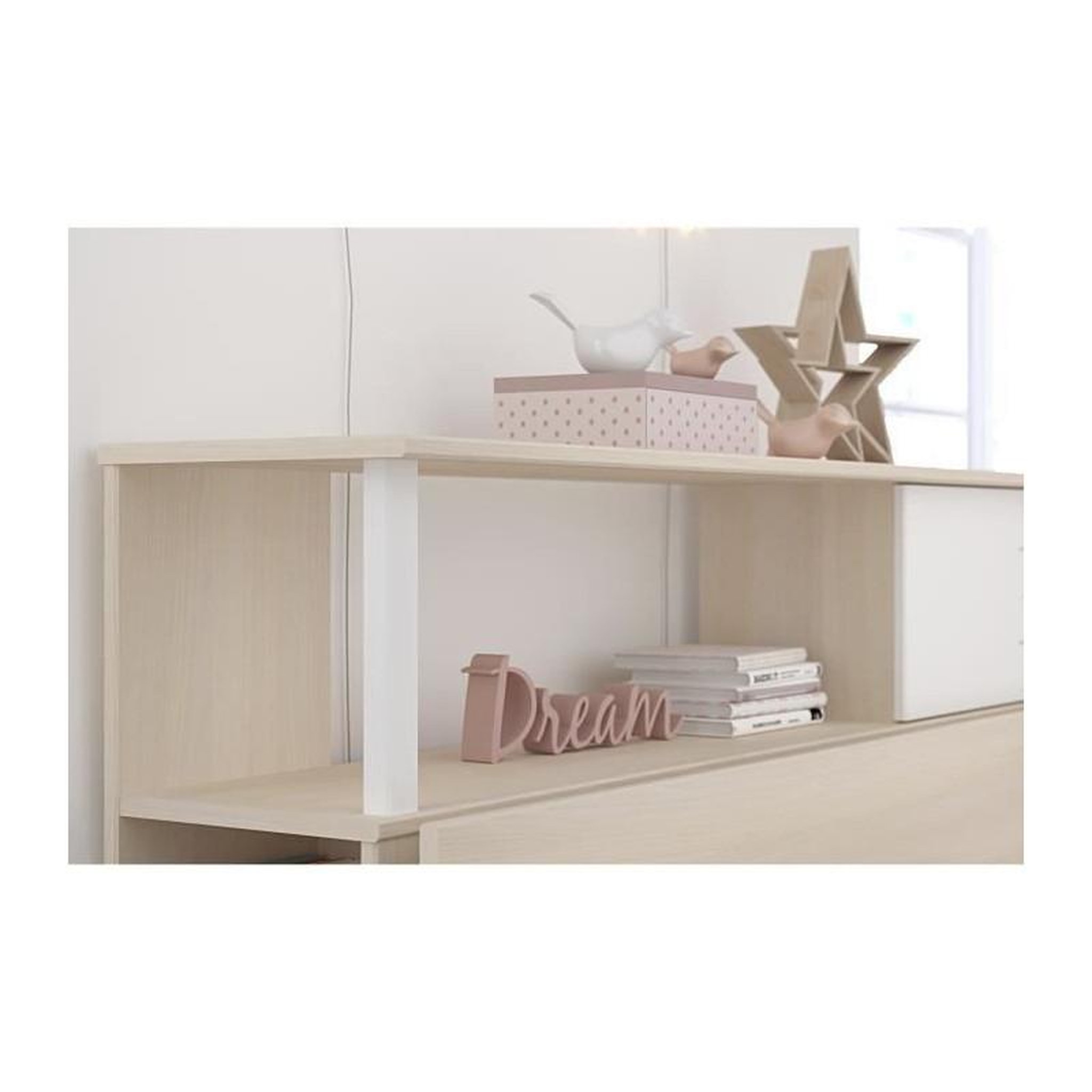 Voir la diapositive 4 : PARISOT PARISOT Ensemble lit + tete de lit avec rangement - Style contemporain - Decor acacia clair et blanc - CHARLEMAGNE