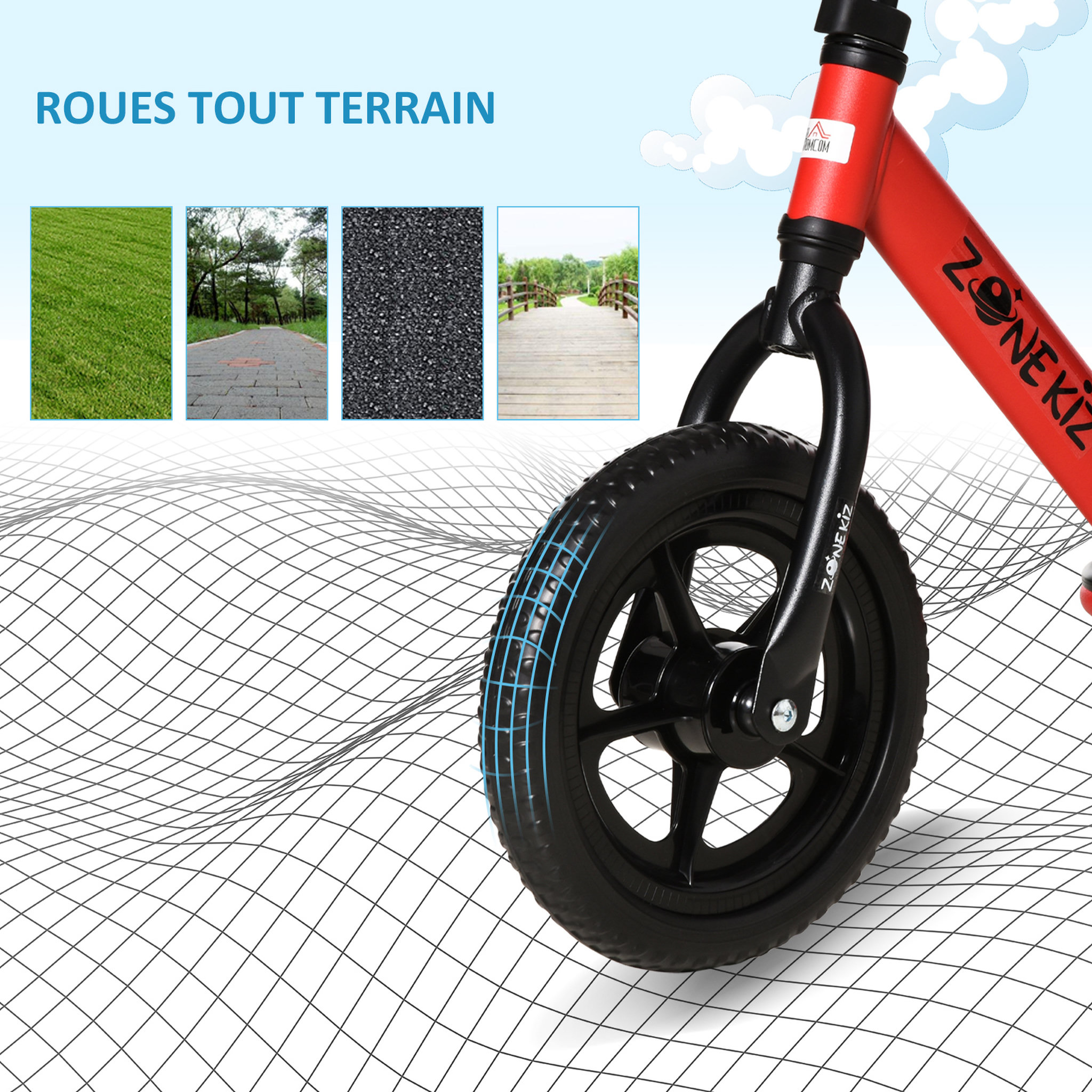 Voir la diapositive 6 : HOMCOM Draisienne enfant roues 12  EVA hauteur selle et guidon réglable cale-pied antidérapant acier rouge noir