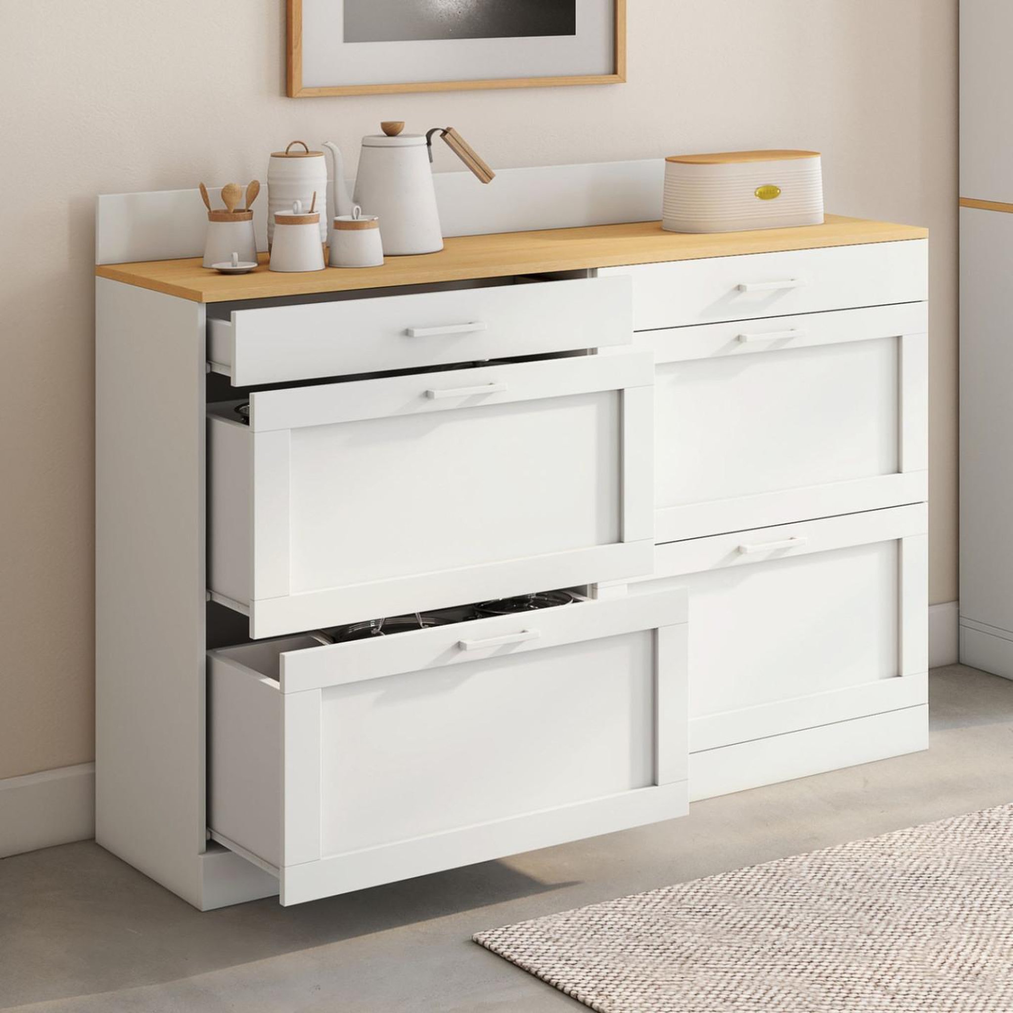 Voir la diapositive 2 : ID MARKET Buffet bas de cuisine 120 cm casserolier vito plan de travail h.83 cm 6 tiroirs blanc et plateau façon hêtre