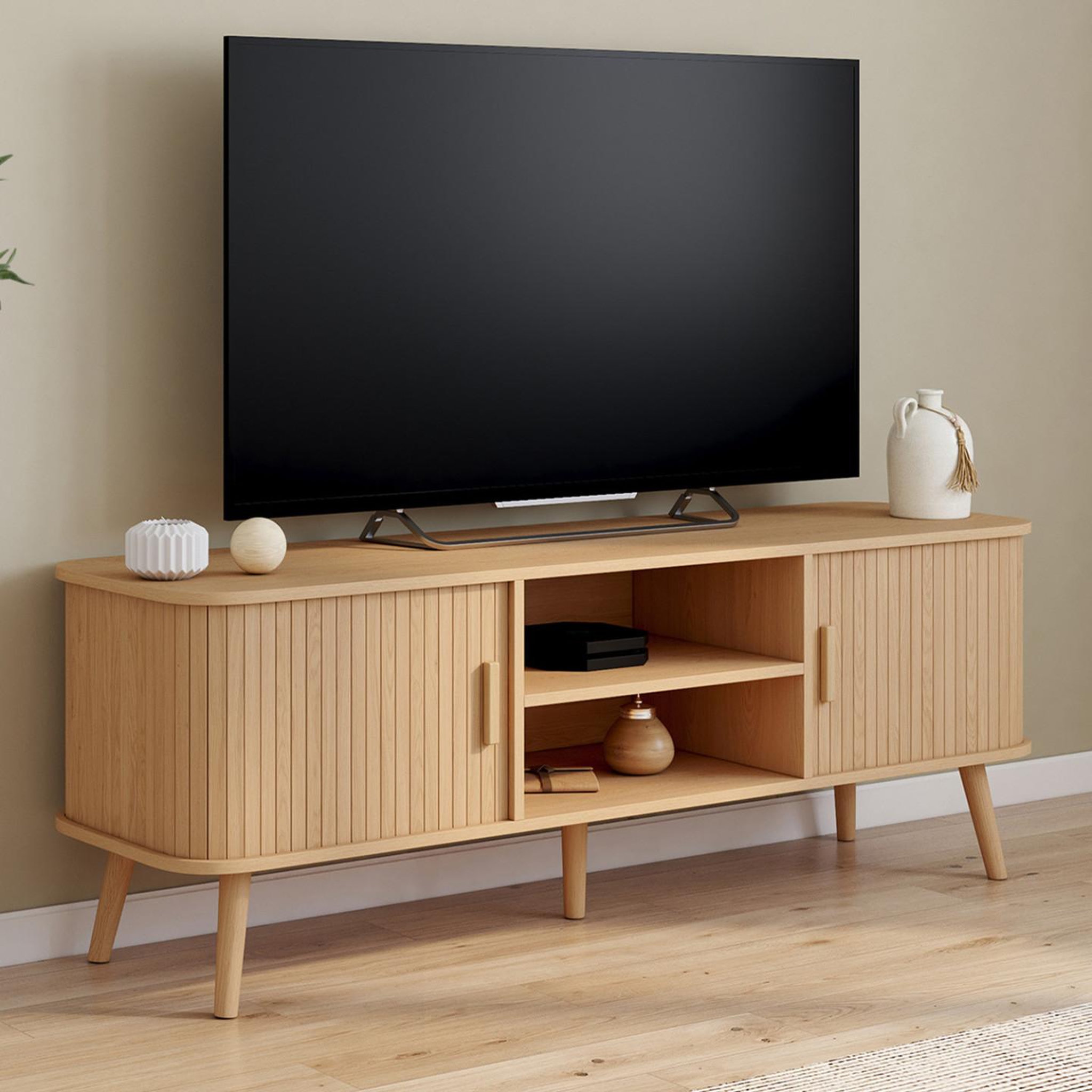 Voir la diapositive 2 : ID MARKET Meuble tv 140 cm romie 2 portes coulissantes lattes tasseau bois coloris chêne
