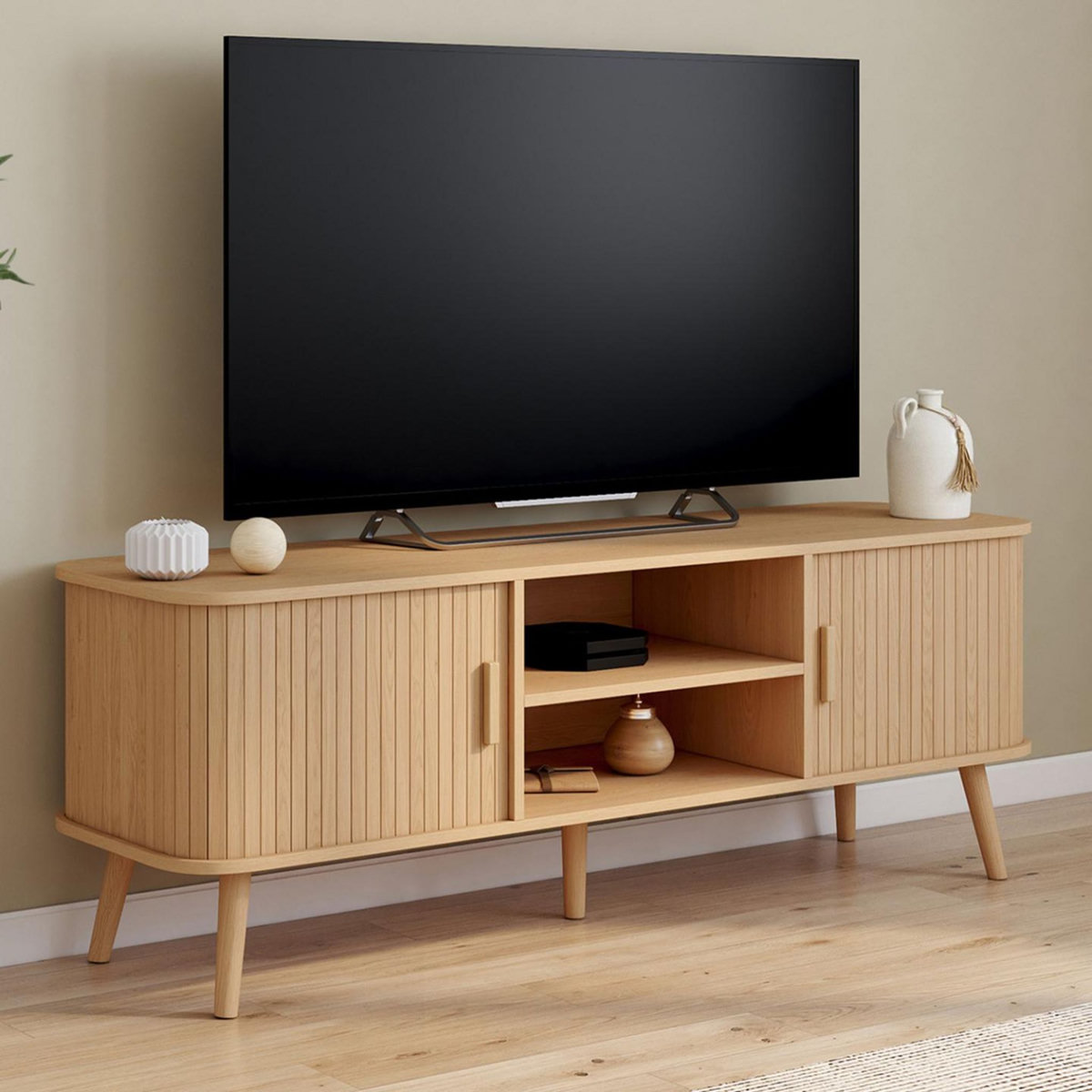 ID MARKET Meuble TV 140 cm ROMIE 2 portes coulissantes lattes tasseau bois coloris chêne