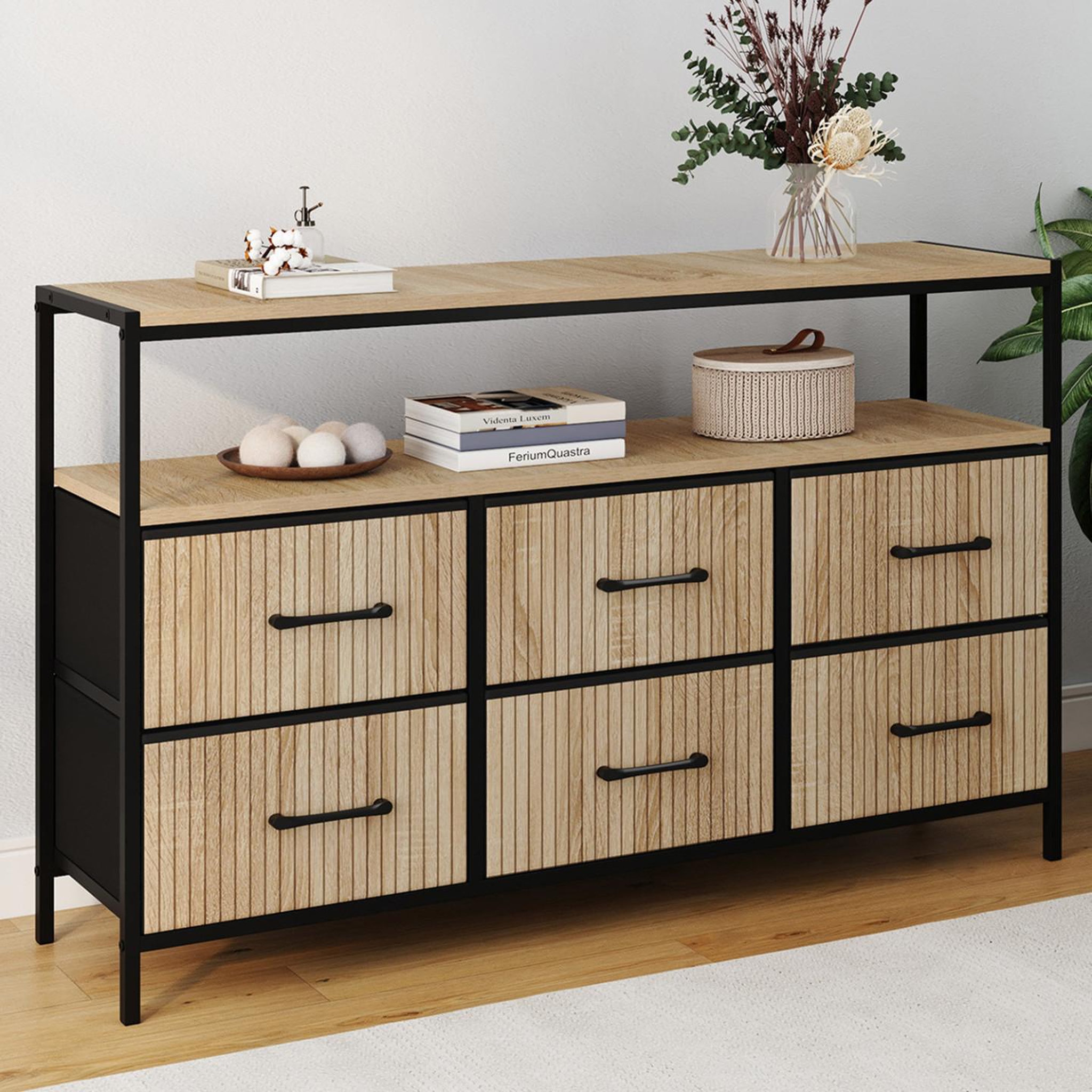 Voir la diapositive 2 : ID MARKET Commode 6 tiroirs en tissu utah 115 cm avec niche effet lattes meuble de rangement design industriel