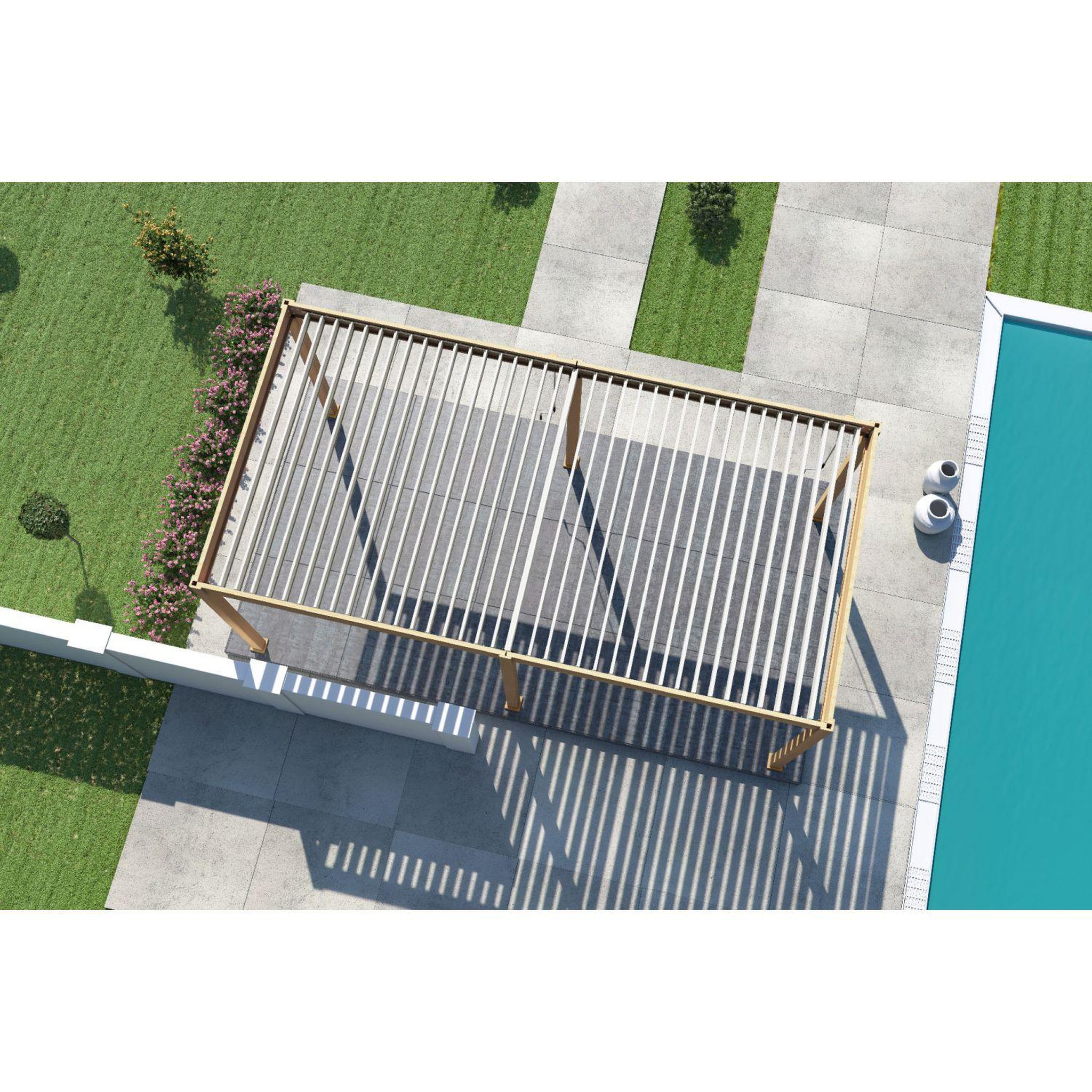 Voir la diapositive 6 : Pergola Bioclimatique autoportée 3x6 m - Aluminium - Effet  bois naturel/blanc -  VS OmBREA®