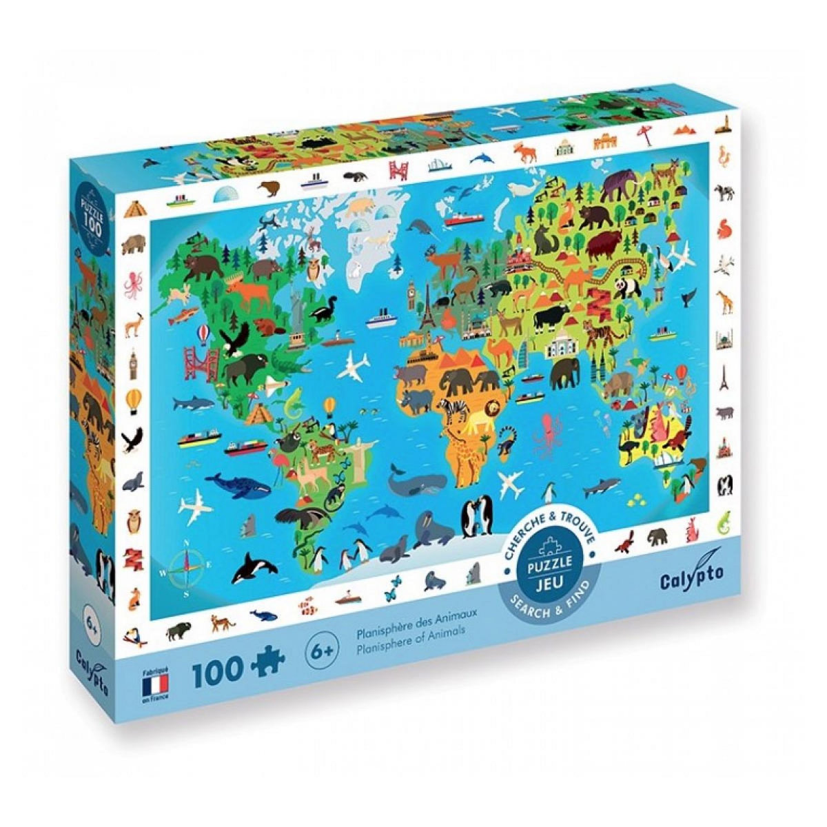 Sentosphere Puzzle 100p Planisphere des animaux - Cherche et trouve