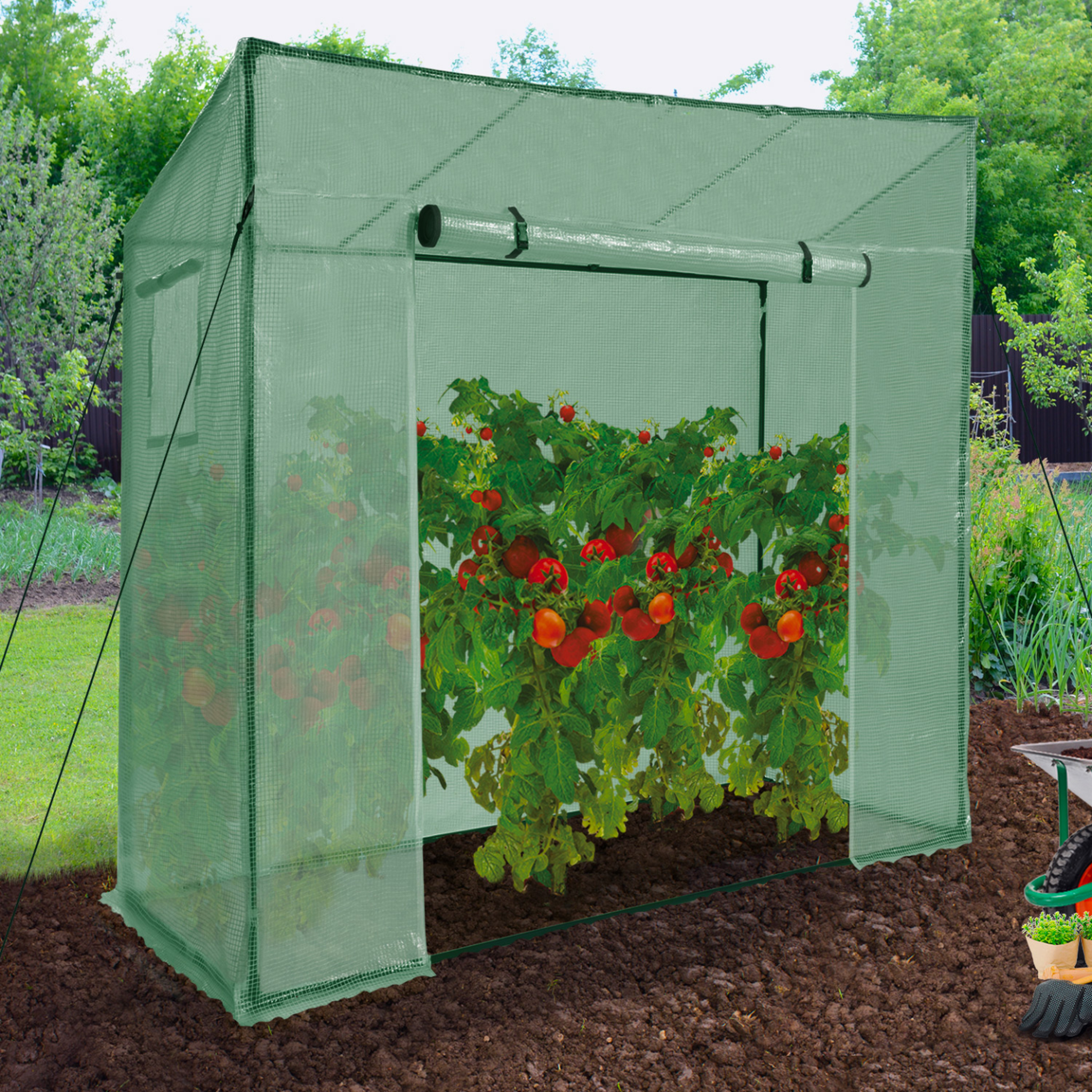 Voir la diapositive 2 : ID MARKET Serre de jardin, serre à tomates 200 x 78 x 169 cm acier + bâche anti-UV avec porte et 2 fenêtres toutes saisons verte