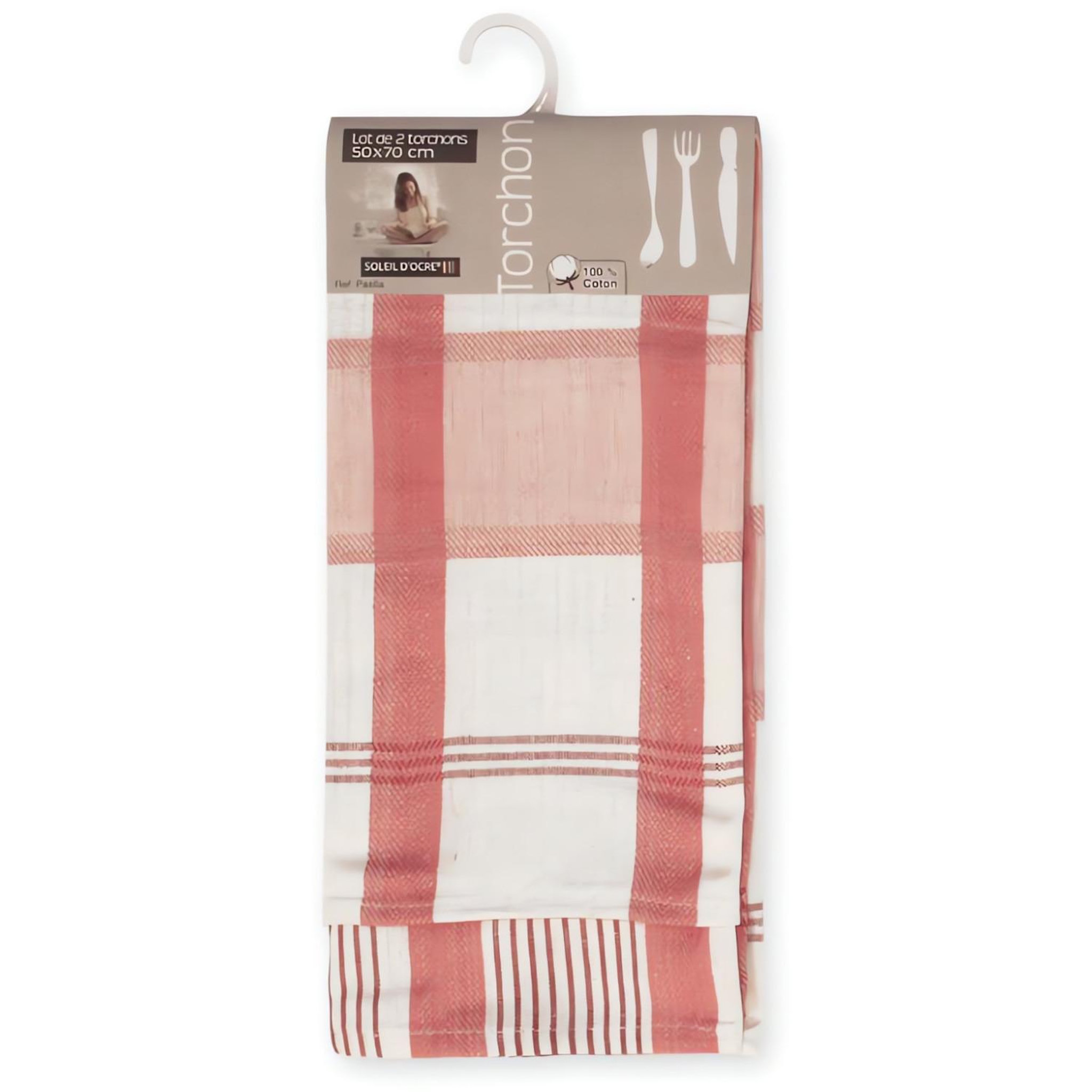 Voir la diapositive 2 : SOLEIL D'OCRE Lot de 2 torchons en coton PAELLA rose, jacquard 50x70 cm
