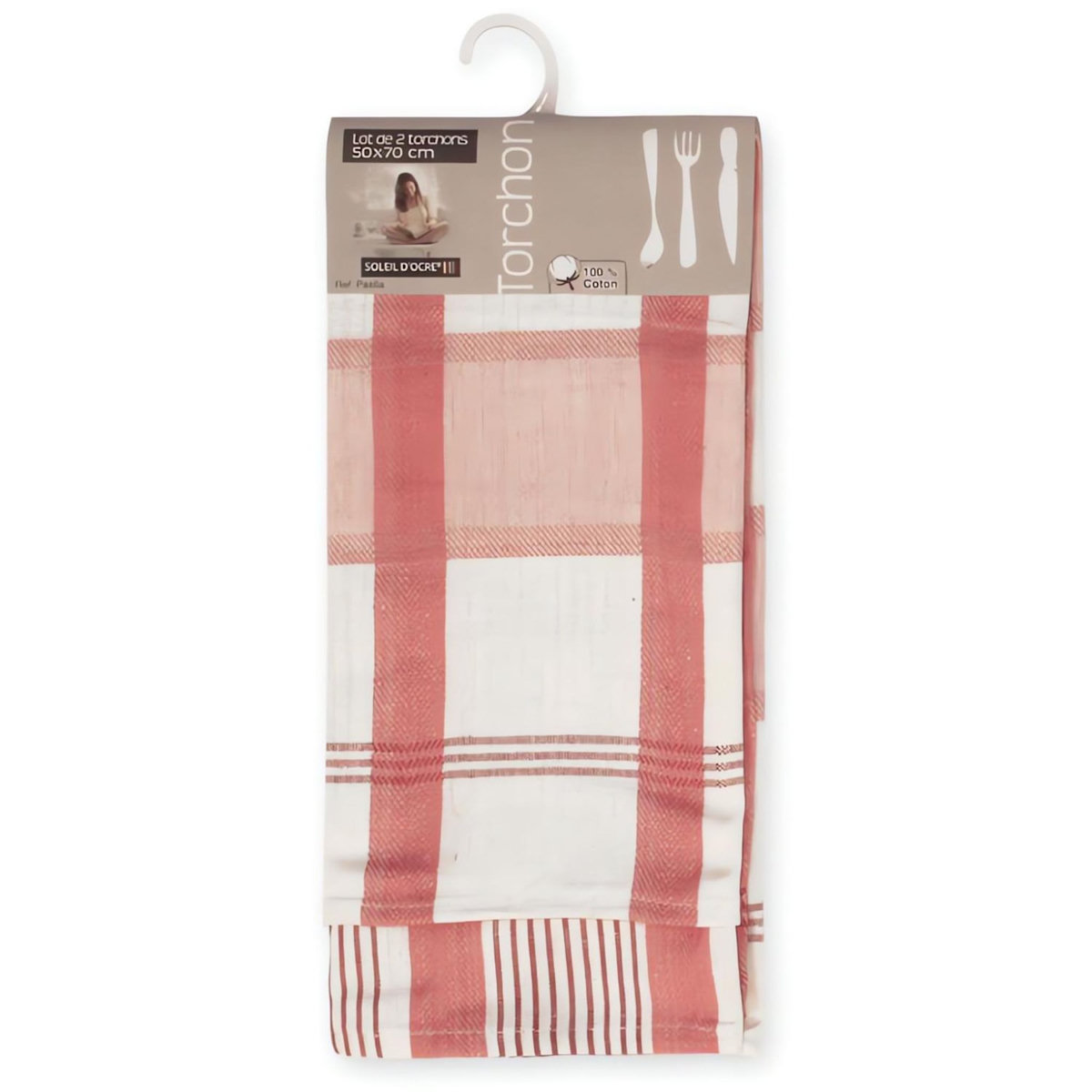 SOLEIL D'OCRE Lot de 2 torchons en coton PAELLA rose, jacquard 50x70 cm