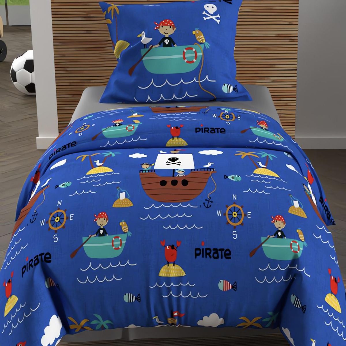 SOLEIL D'OCRE Parure housse de couette 120x150 cm PIRATES bleu, 100% coton 57 fils/cm2, par Soleil d'Ocre