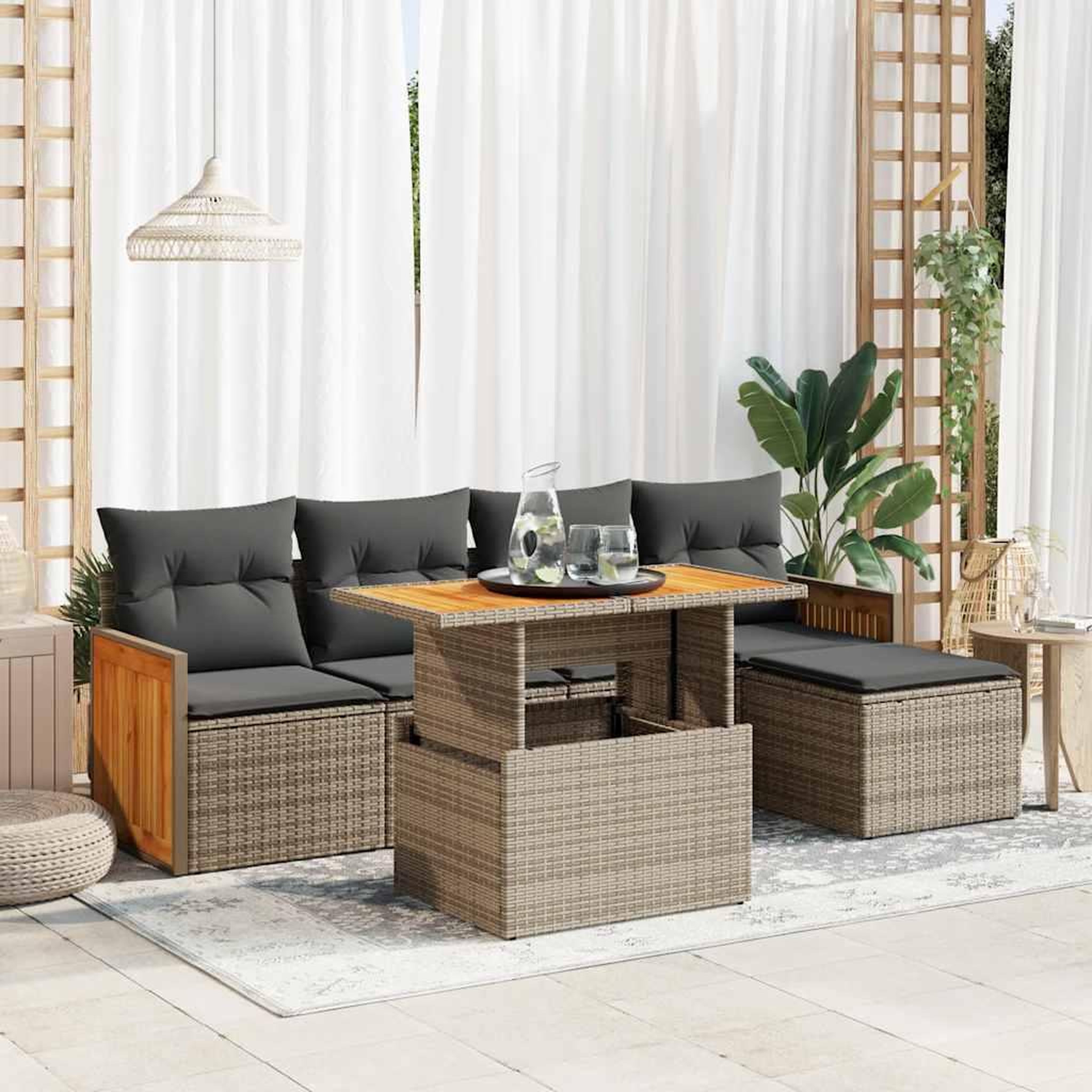 VIDAXL Salon de jardin avec coussins 6 pcs gris resine tressee acacia