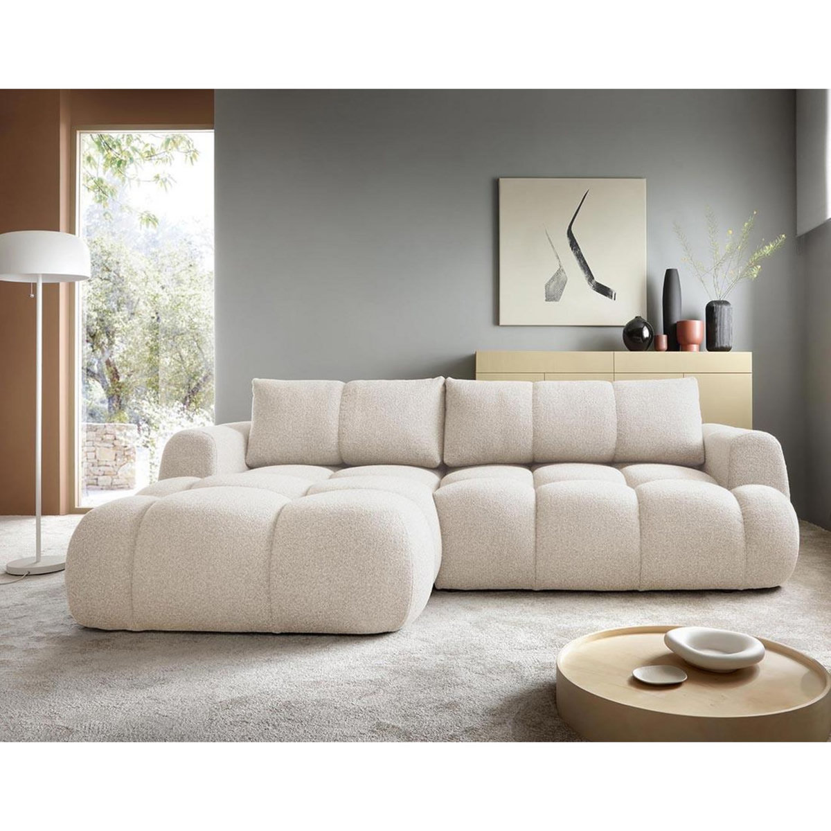 BEST MOBILIER Yulin - canapé d'angle gauche 4 places convertible avec coffre en tissu bouclette