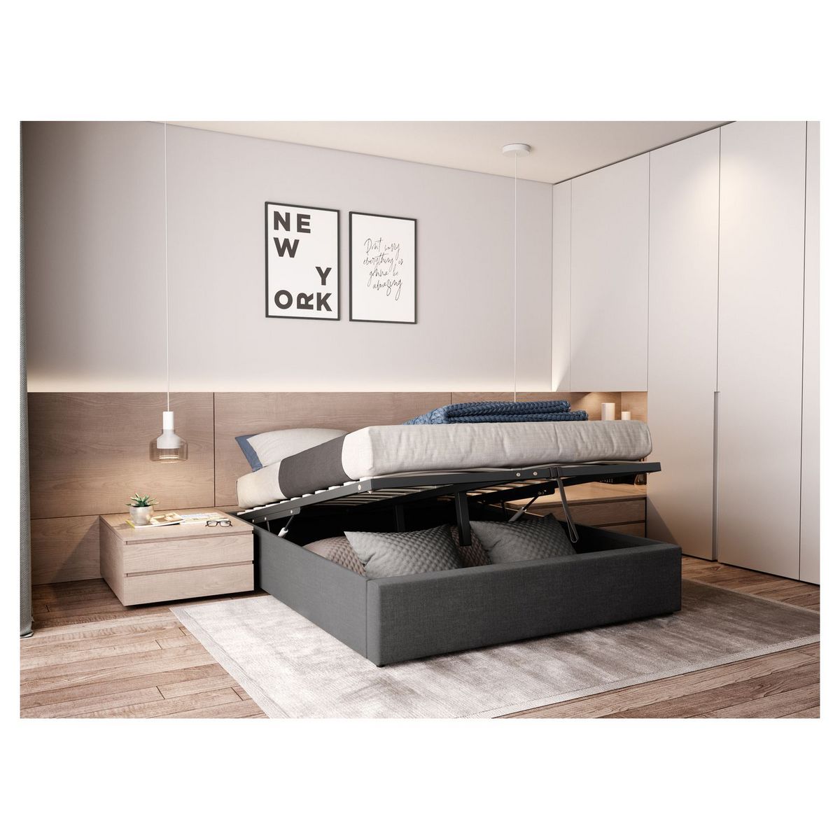 Lit coffre tissu avec sommier relevable 160x200 cm LEO