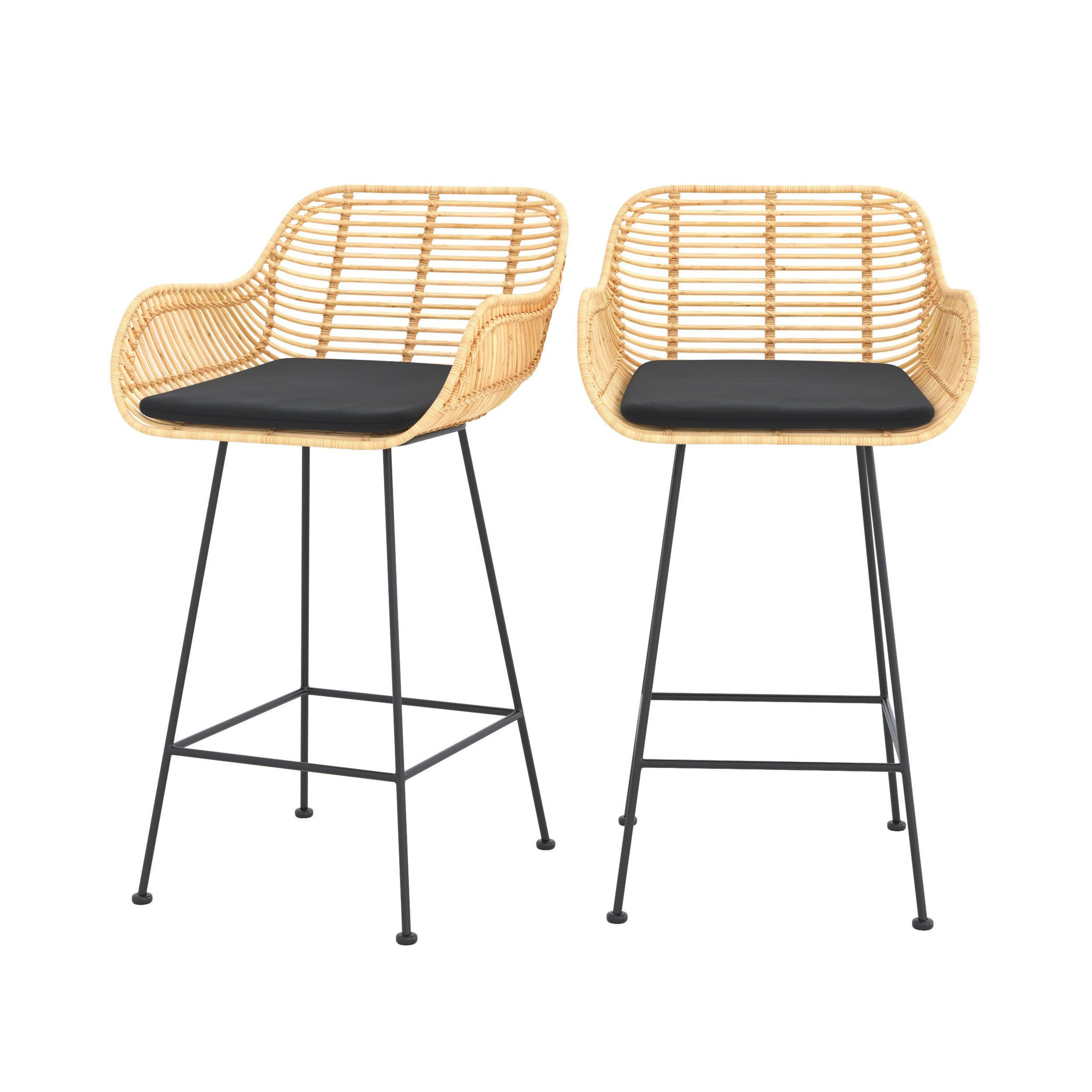 MAISON PAVANE Lot de 2 chaises pour îlot central 66 cm en rotin et tissu noir-pops