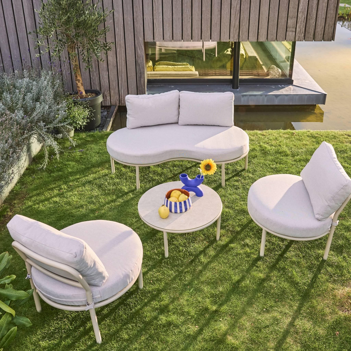 SWEEEK Salon de jardin aluminium et tissu beige 4 places. forme organique. table ronde - Solena