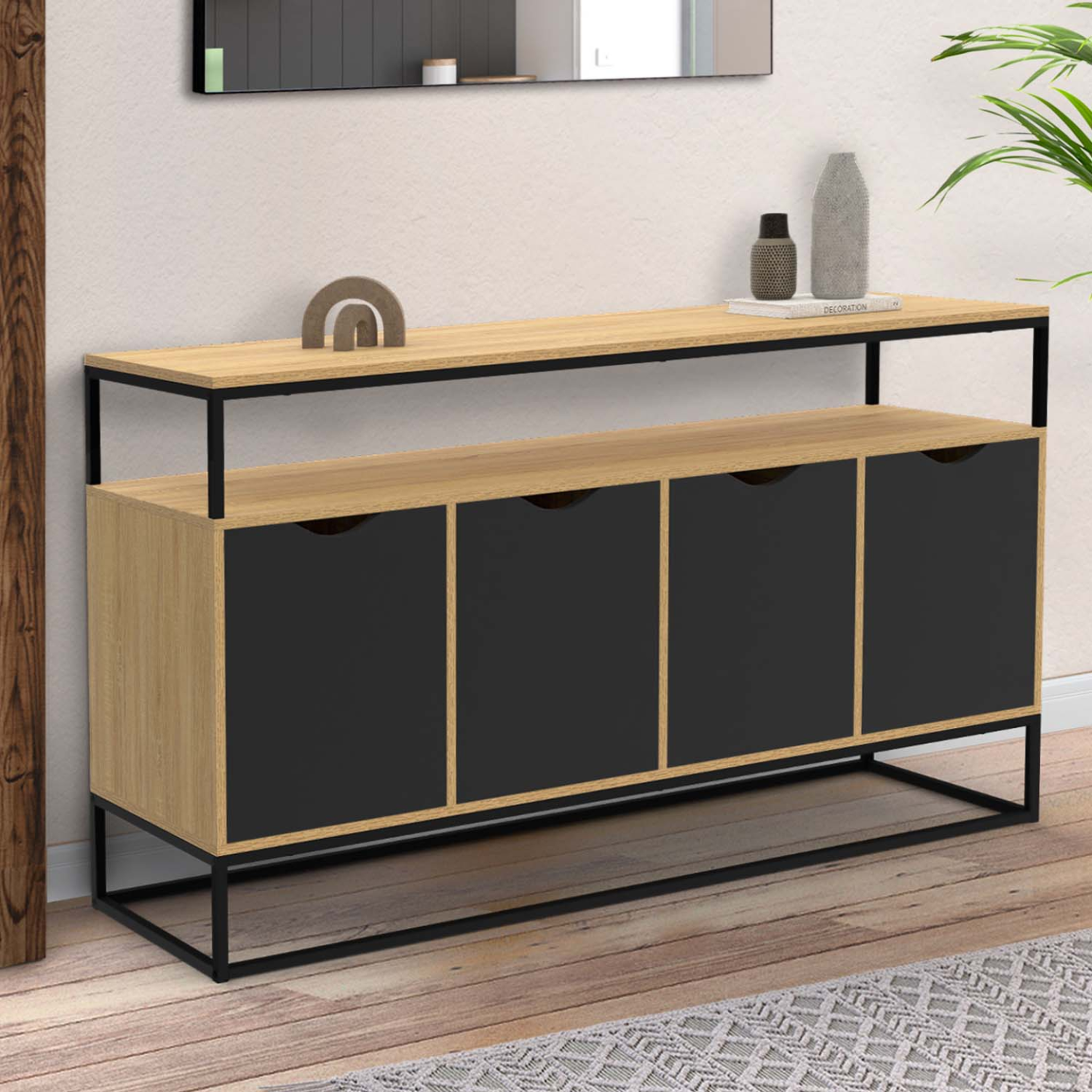 Voir la diapositive 2 : ID MARKET Buffet 140 cm BOSTON 4 portes noires design industriel