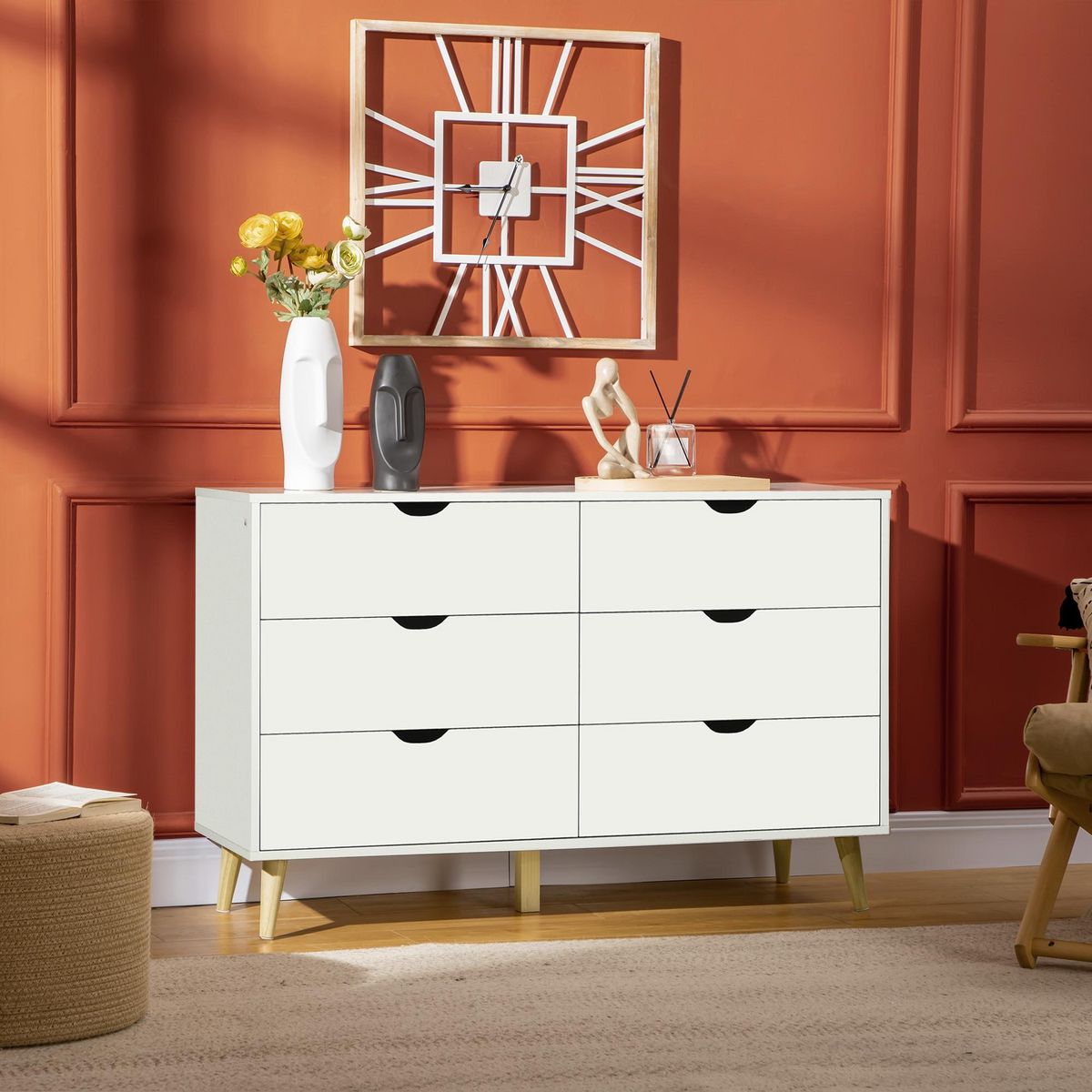 HOMCOM Commode 6 tiroirs design scandinave piètement effilé incliné bois pin panneaux blanc