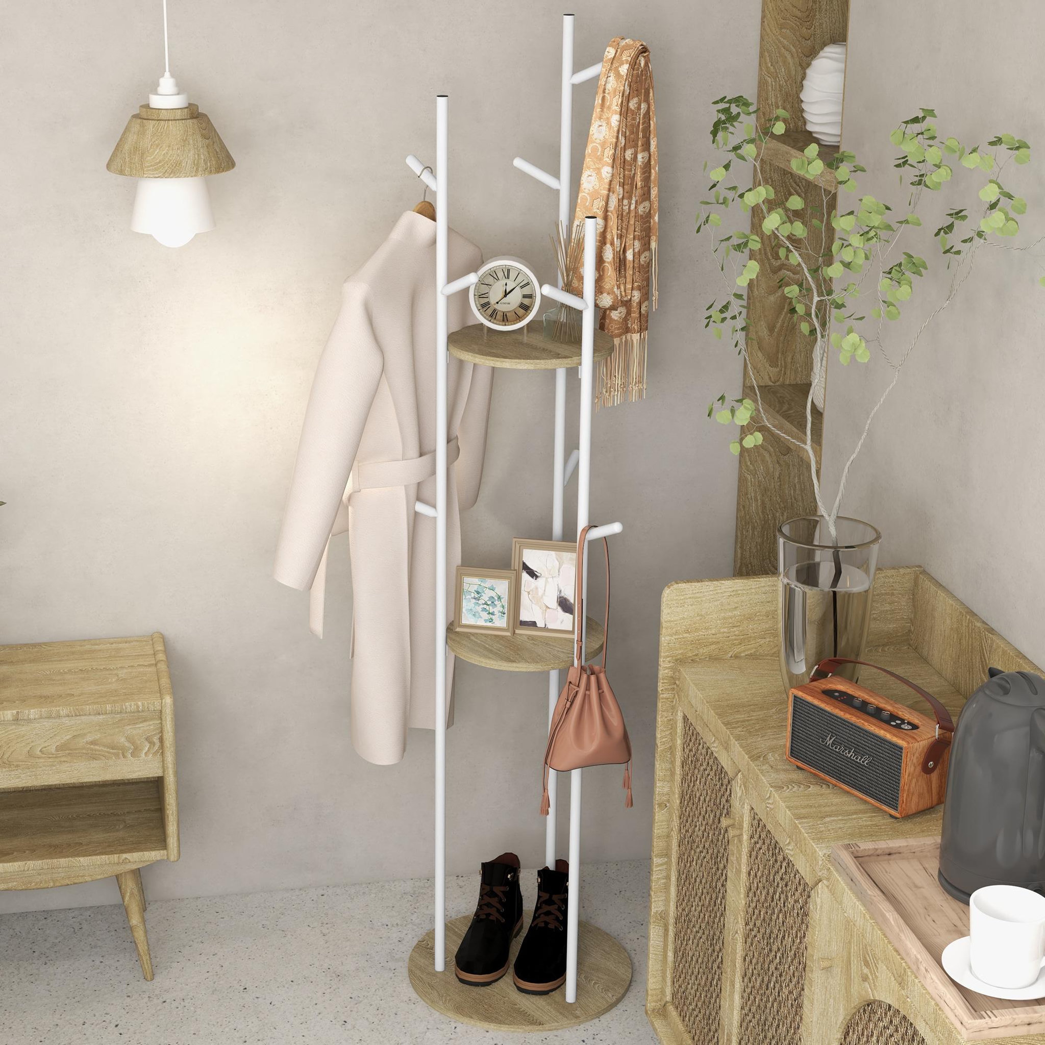 Voir la diapositive 2 : HOMCOM Porte-manteau design contemporain branches 2 étagères 9 patères Ø 40 x 167H cm aspect chêne clair acier blanc