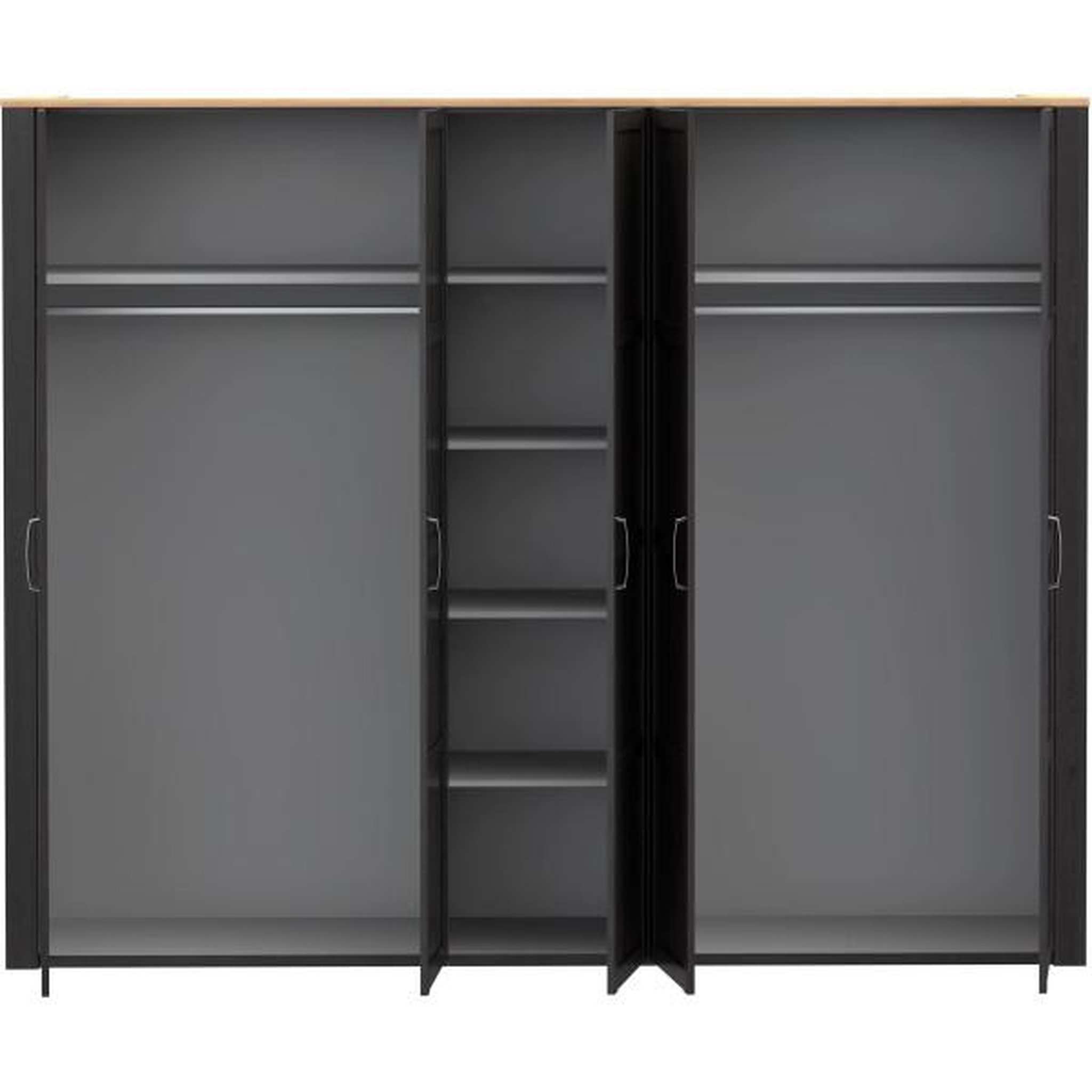 Voir la diapositive 4 : MARKET24 Armoire de chambre - BOHOL - Décor Chene et Noir - 5 portes battantes - L265,6 x P59,6 x H214 cm