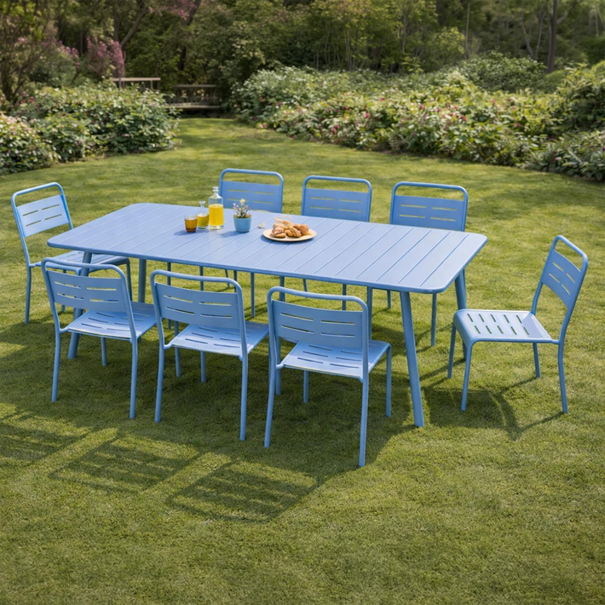 Voir la diapositive 5 : CONCEPT USINE Ensemble table de jardin 200 cm et 8 chaises bleu bergame
