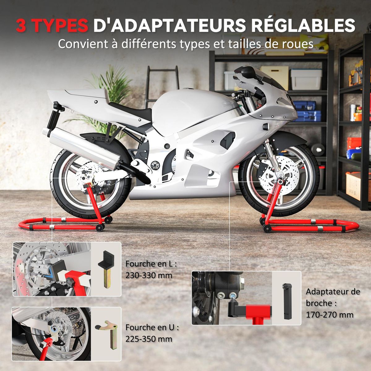 HOMCOM Béquille roue avant arrière charge 390 kg, béquille d'atelier moto avec bras réglable en acier, lève-moto fourche en forme de U + L, pour réparation entretien stockage domicile, rouge