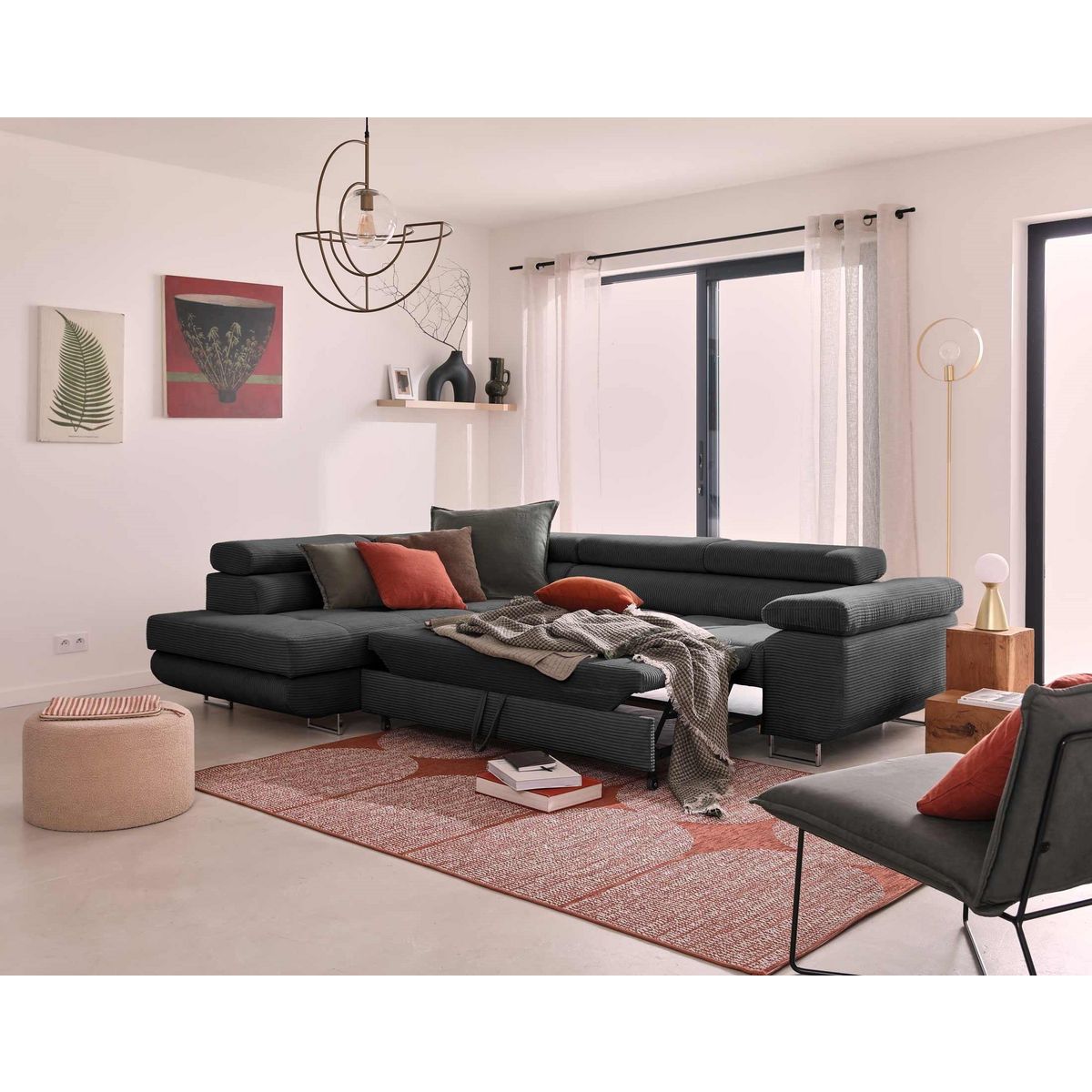 BEST MOBILIER Zaria - canapé d'angle gauche - convertible avec coffre et têtières réglables - 5 places - en velours côtelé