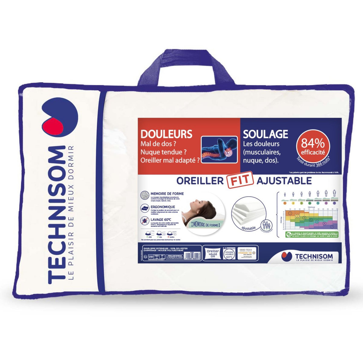Oreiller ergonomique en polyester à mémoire de forme anti-acariens ERGOMEMOFIT