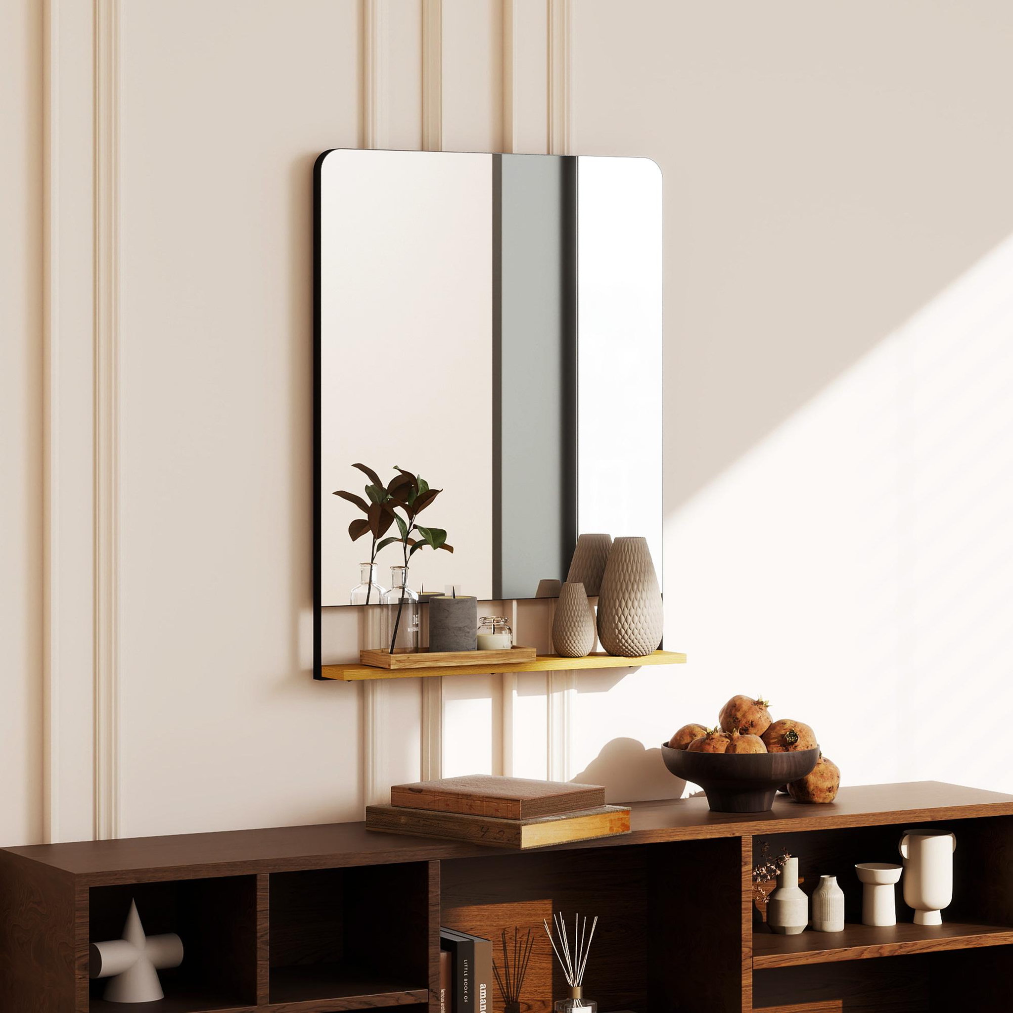 Voir la diapositive 4 : HOMCOM Miroir mural 80 x 60 cm avec étagère bois cadre en métal noir
