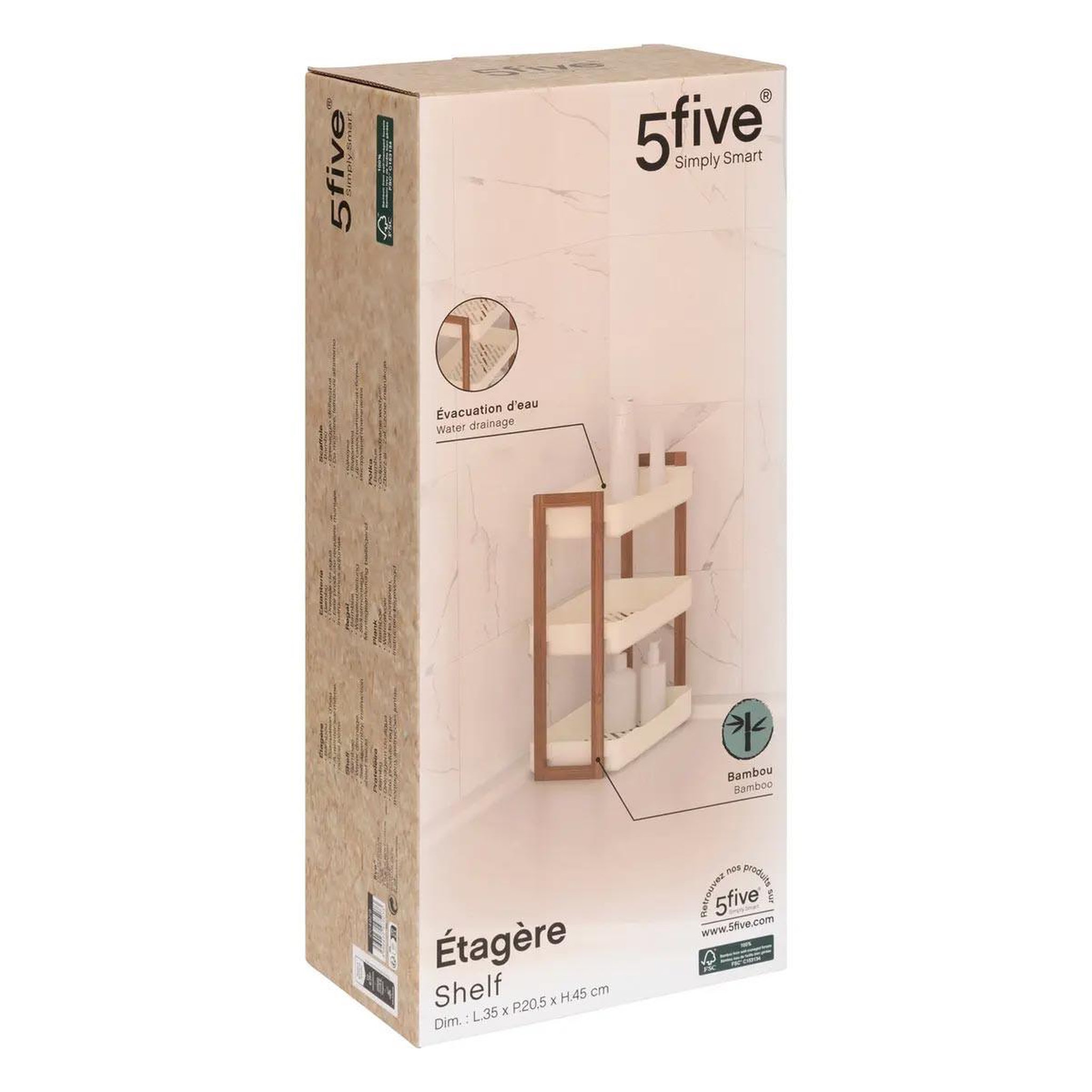 Voir la diapositive 2 : FIVE Étagère de douche 3 niveaux  natureo  45cm blanc