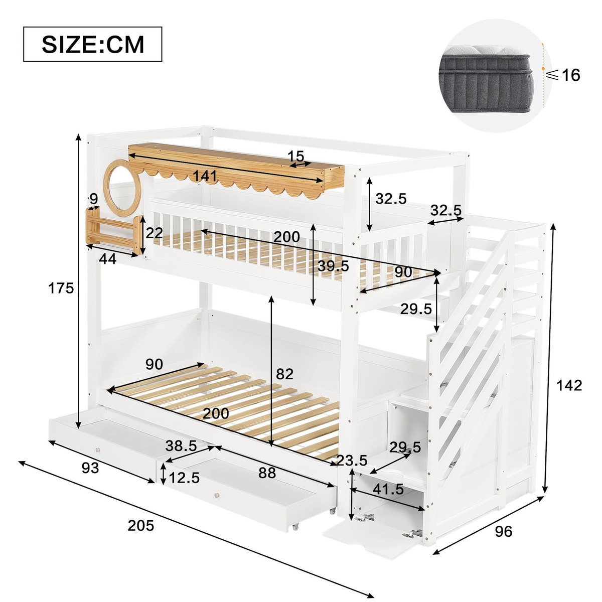 MERAX Lit superposé 90x200 cm coloris blanc+naturel pin