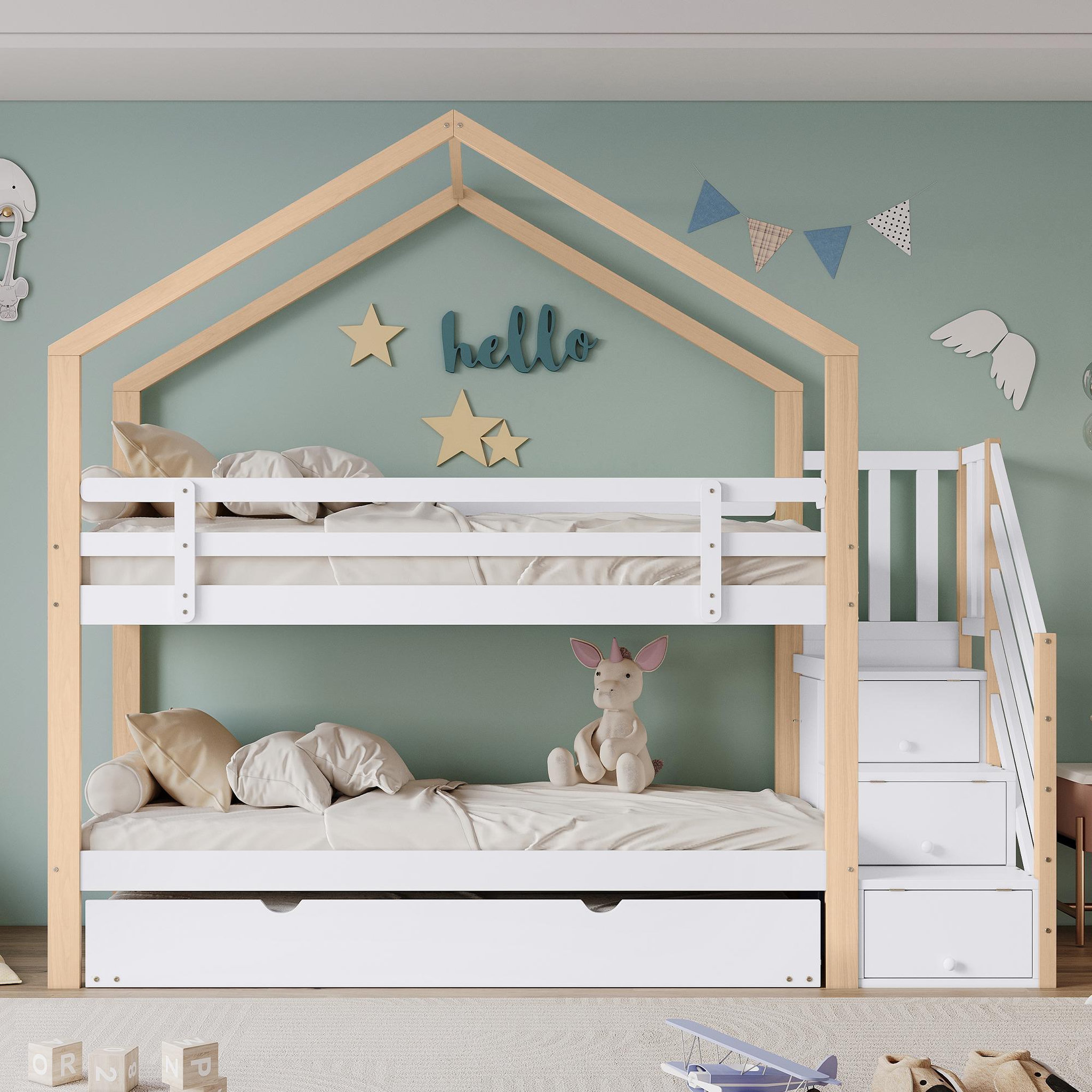 Voir la diapositive 4 : MERAX Lit superposé 90x200(90x190)cm bois et mdf coloris blanc+naturel