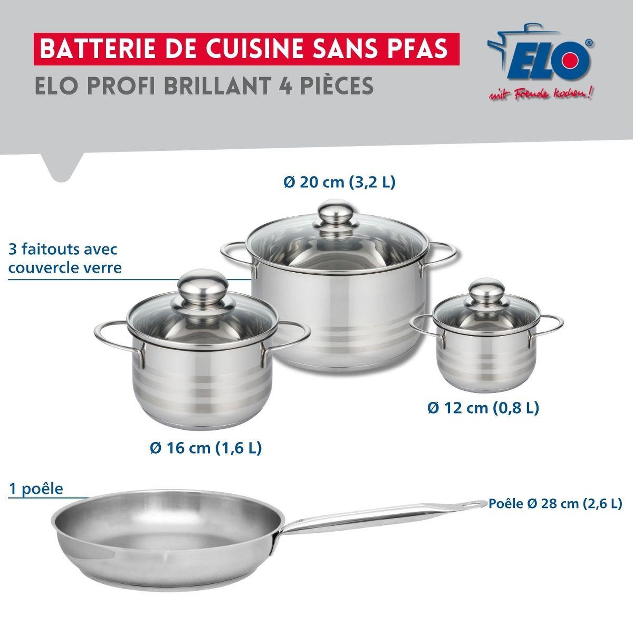 Voir la diapositive 2 : ELO Ensemble de 1 poêle de cuisson 28 cm et 3 faitouts 12, 16 et 20 cm elo profi brillant