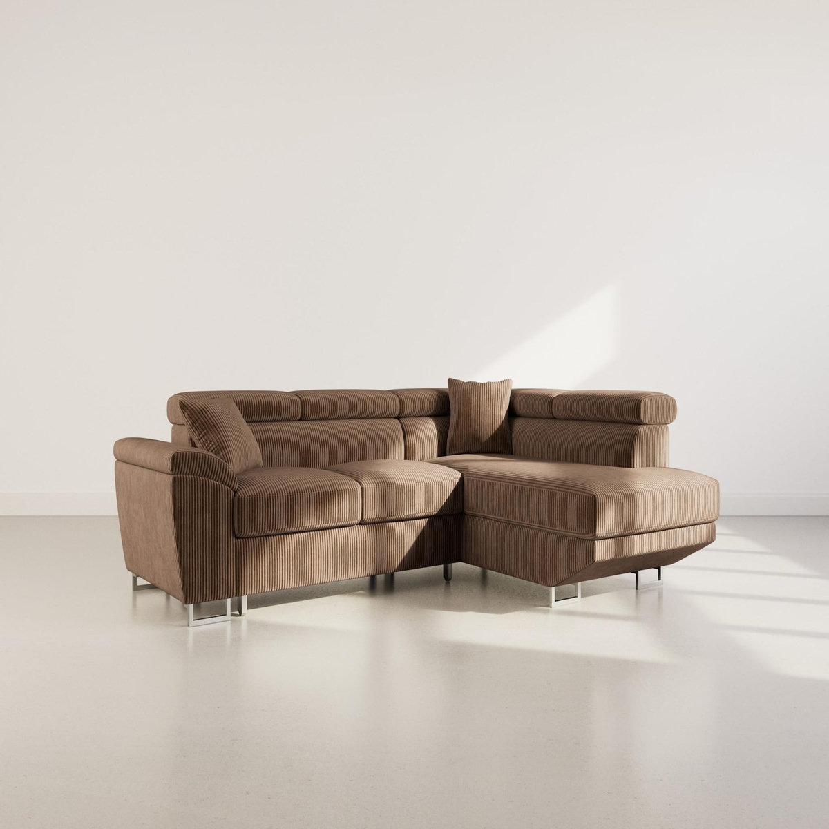 BEST MOBILIER Baoji - canapé d'angle droit 5 places convertible avec têtières et coffre en velours côtelé