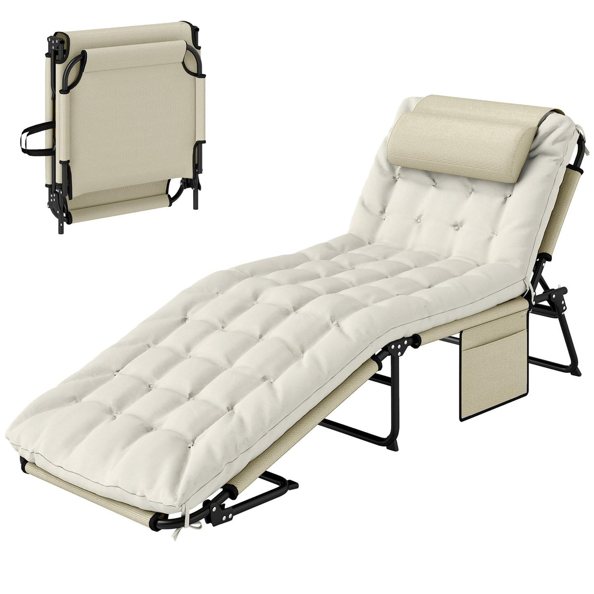 OUTSUNNY Bain de soleil pliable - dossier inclinable 4 positions - tétière, matelas épais - beige