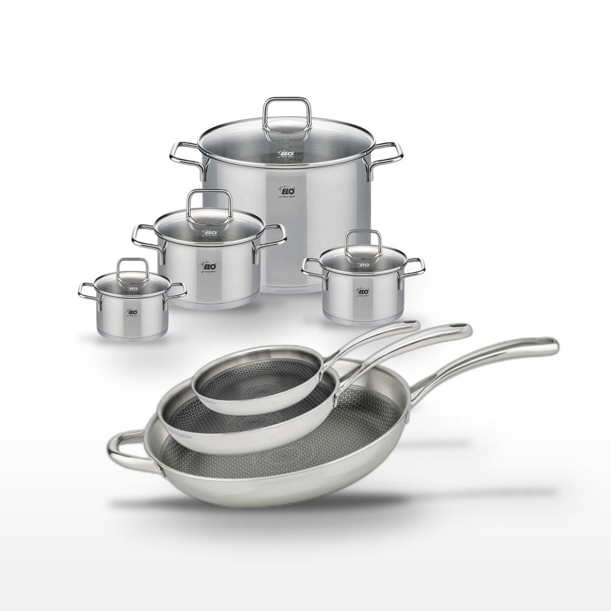 ELO Lot de 3 Poêles Elo Relief Evolution 24/28/32 cm et 4 Faitouts Elo Citrin 14/16/20/26 cm