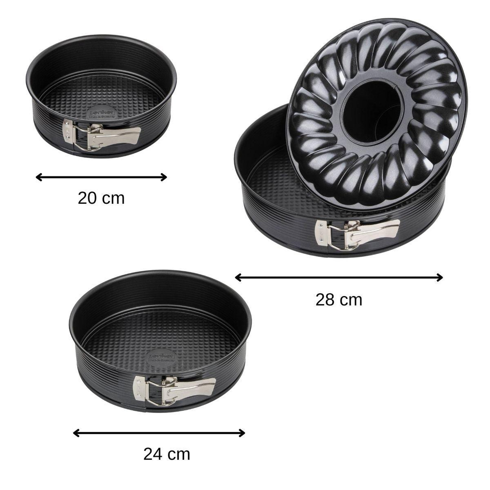 Voir la diapositive 3 : ZENKER Set de 2 moules à manqué et 1 moule à manqué et savarin diamètres 20, 24 , 28 cm zenker black metallic