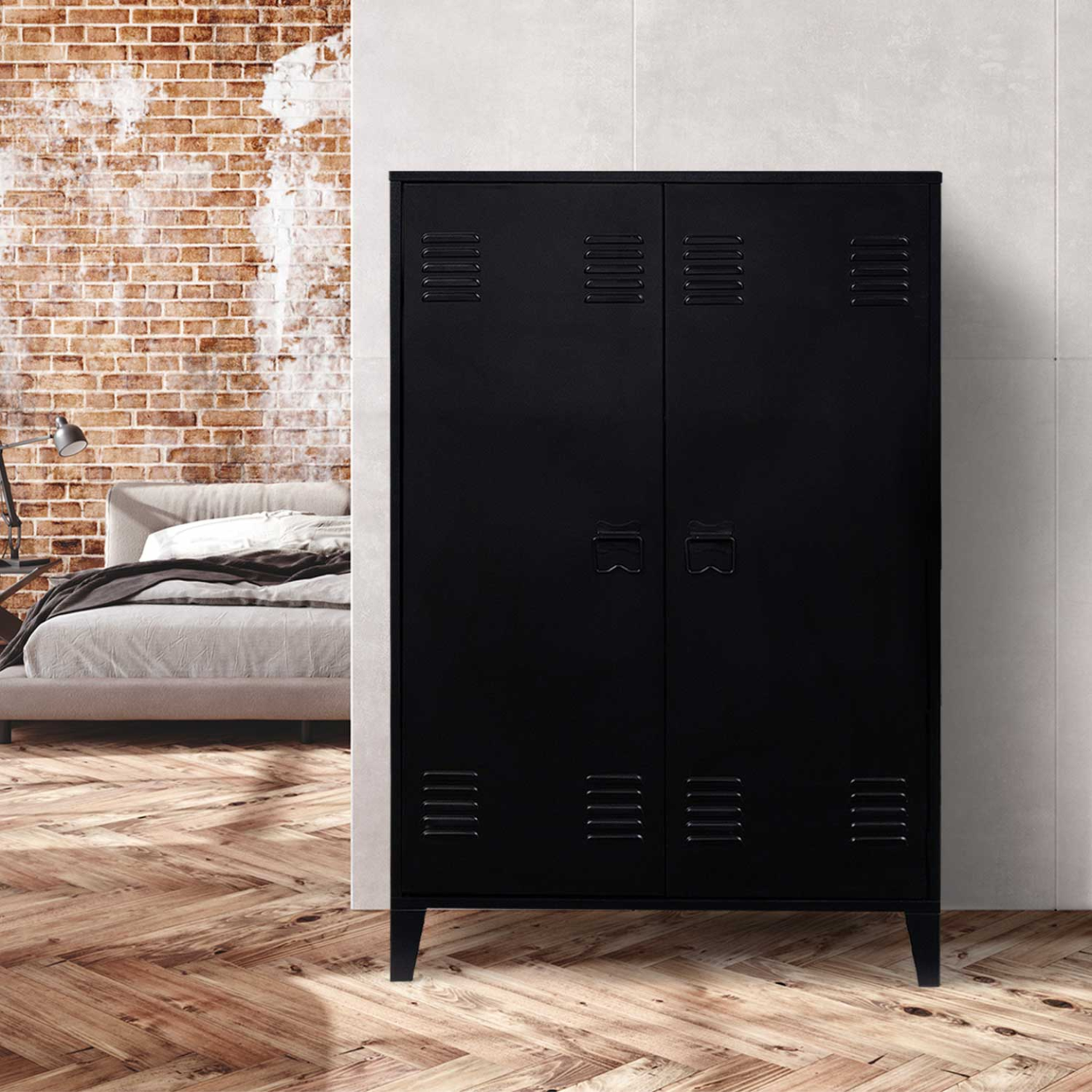 Voir la diapositive 2 : ID MARKET Armoire basse ester 2 portes métal noir design industriel