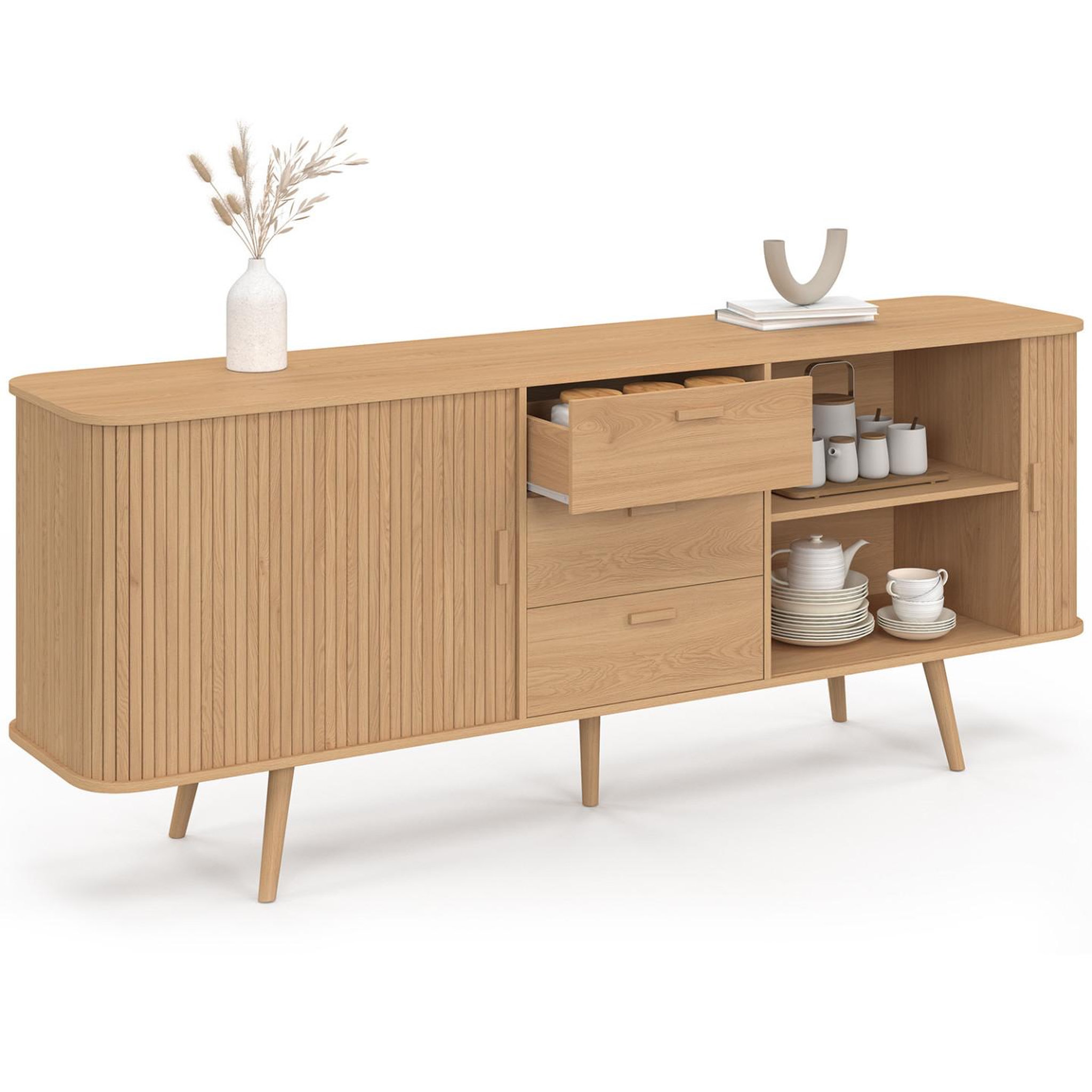 Voir la diapositive 4 : ID MARKET Buffet 200 cm ROMIE  XXL effet lattes 2 portes coulissantes et 3 tiroirs