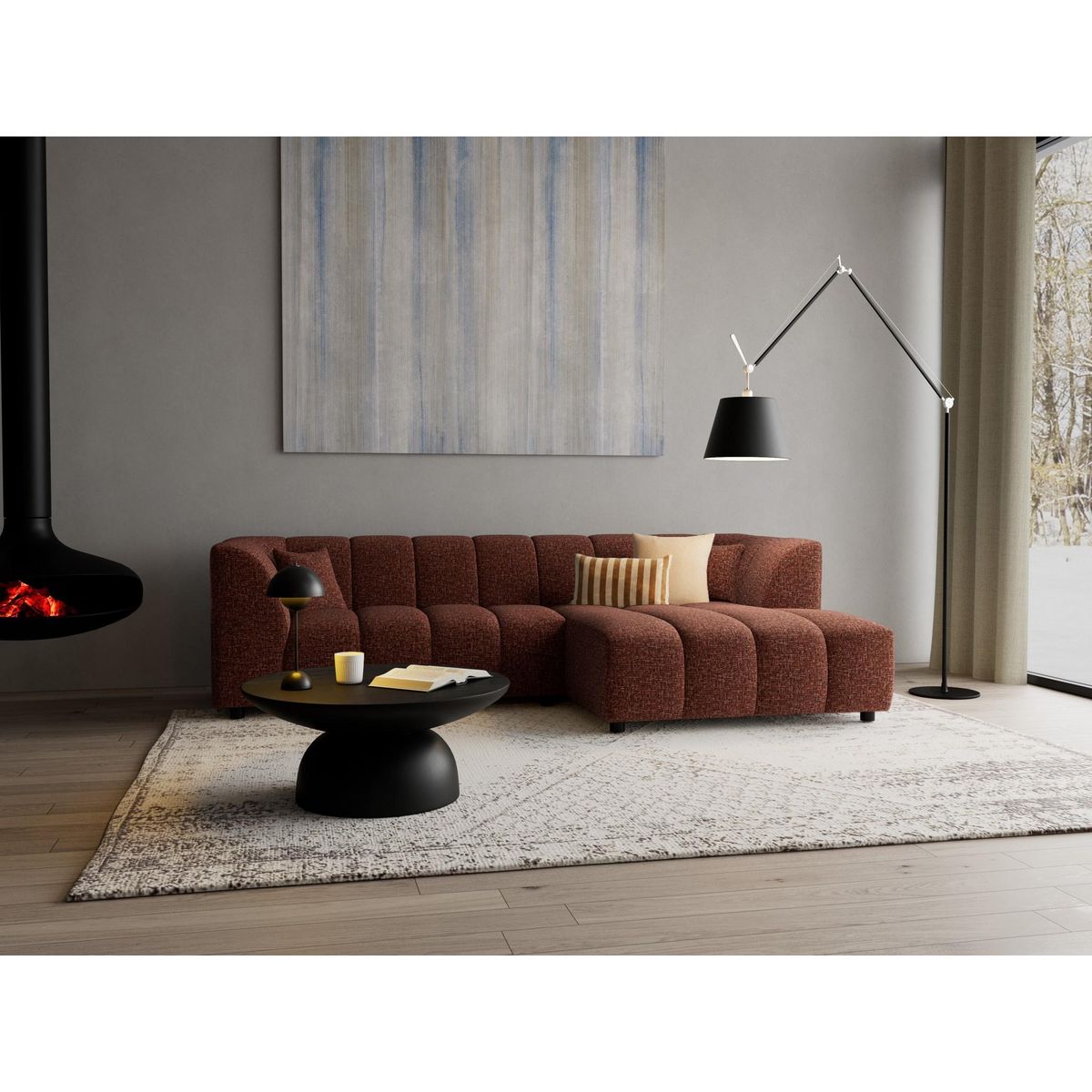 LISA DESIGN Curtis - canapé d'angle droit 4 places avec accoudoir en tissu texturé