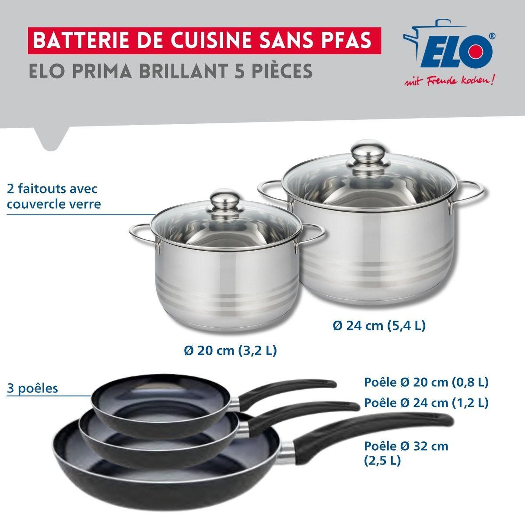 Voir la diapositive 2 : ELO Ensemble de 3 poêles de cuisson 20, 24 et 32 cm et 2 faitouts 20 et 24 cm elo prima brillant